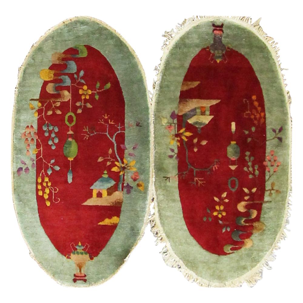 Pair Of Oval Shape  Antique Art Deco Chinese Rugs, 2' x 4' Each For Sale