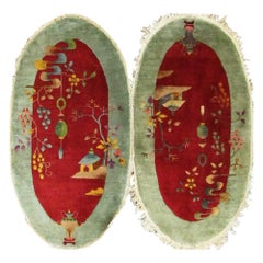 Pair Of Oval Shape  Used Art Deco Chinese Rugs, 2' x 4' Each