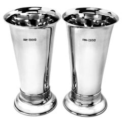 Pair of Antique Art Deco Sterling Silver Fluted Silver Flower Vases, 1909