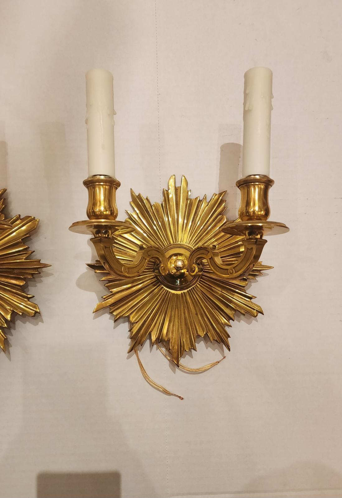 This listing features a pair of brass Art Deco style wall sconces with wiring and standard 12v light bulb socket. 

Art Deco was a design movement that started around the 1920s to the late 1930s. It encompassed a celebration of modern technology