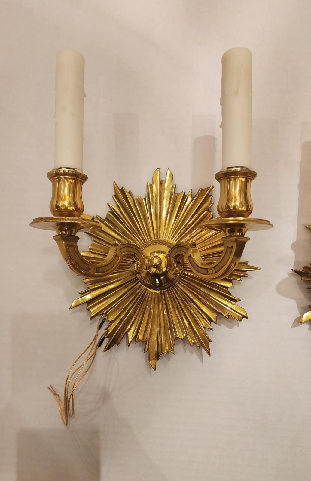 French Pair of Antique Art Deco Style Sunburst Brass Sconces For Sale
