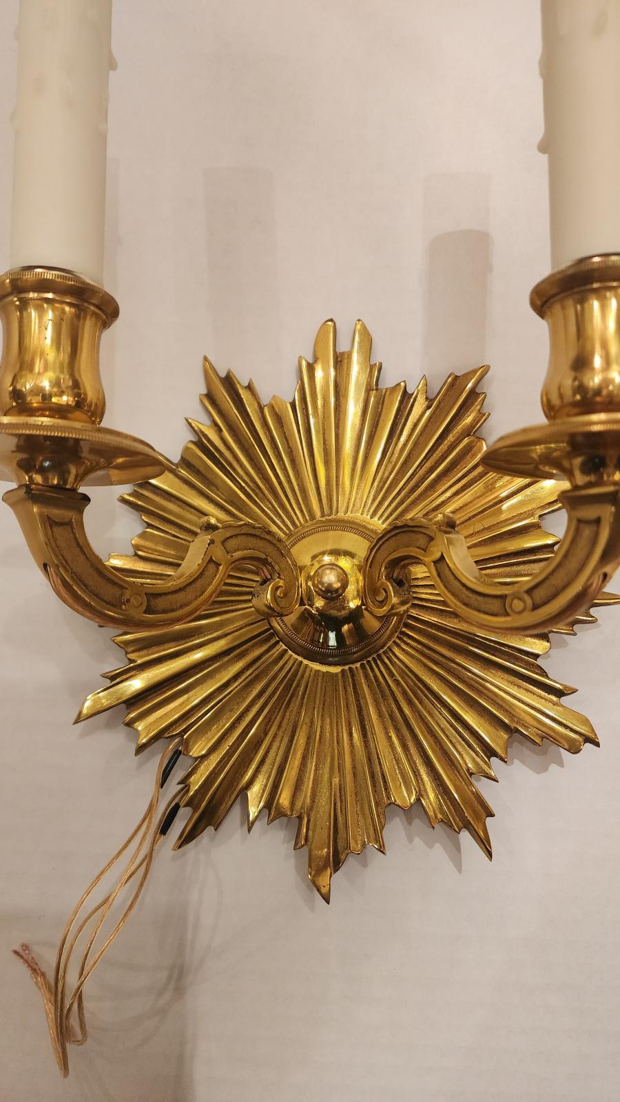 20th Century Pair of Antique Art Deco Style Sunburst Brass Sconces For Sale