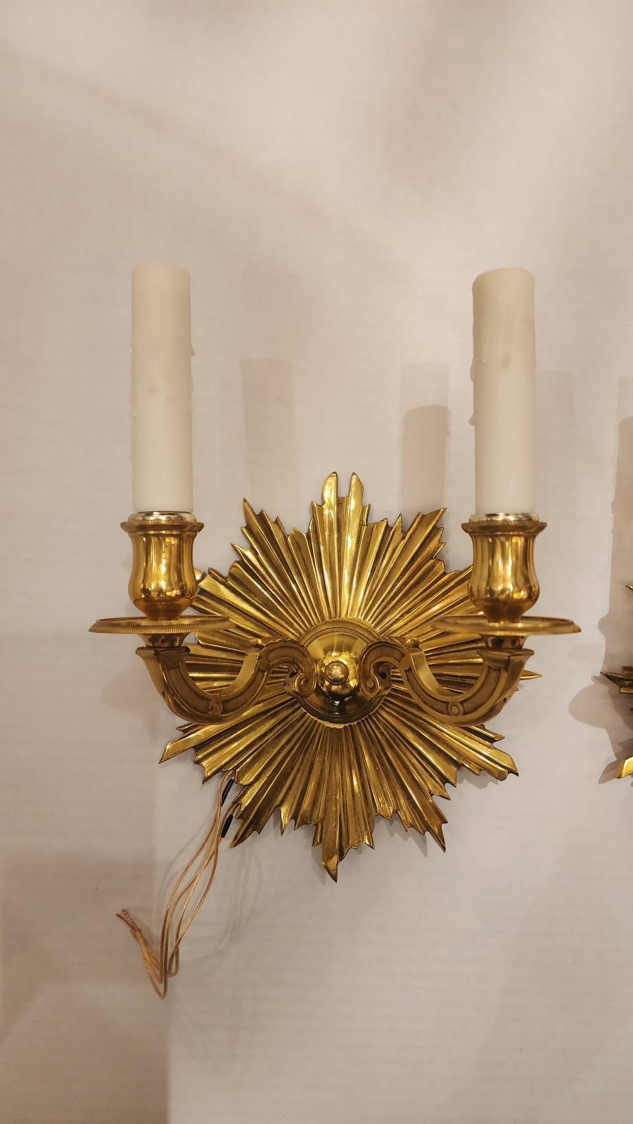Pair of Antique Art Deco Style Sunburst Brass Sconces For Sale 1