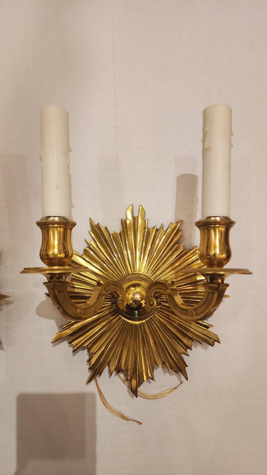 Pair of Antique Art Deco Style Sunburst Brass Sconces For Sale 2