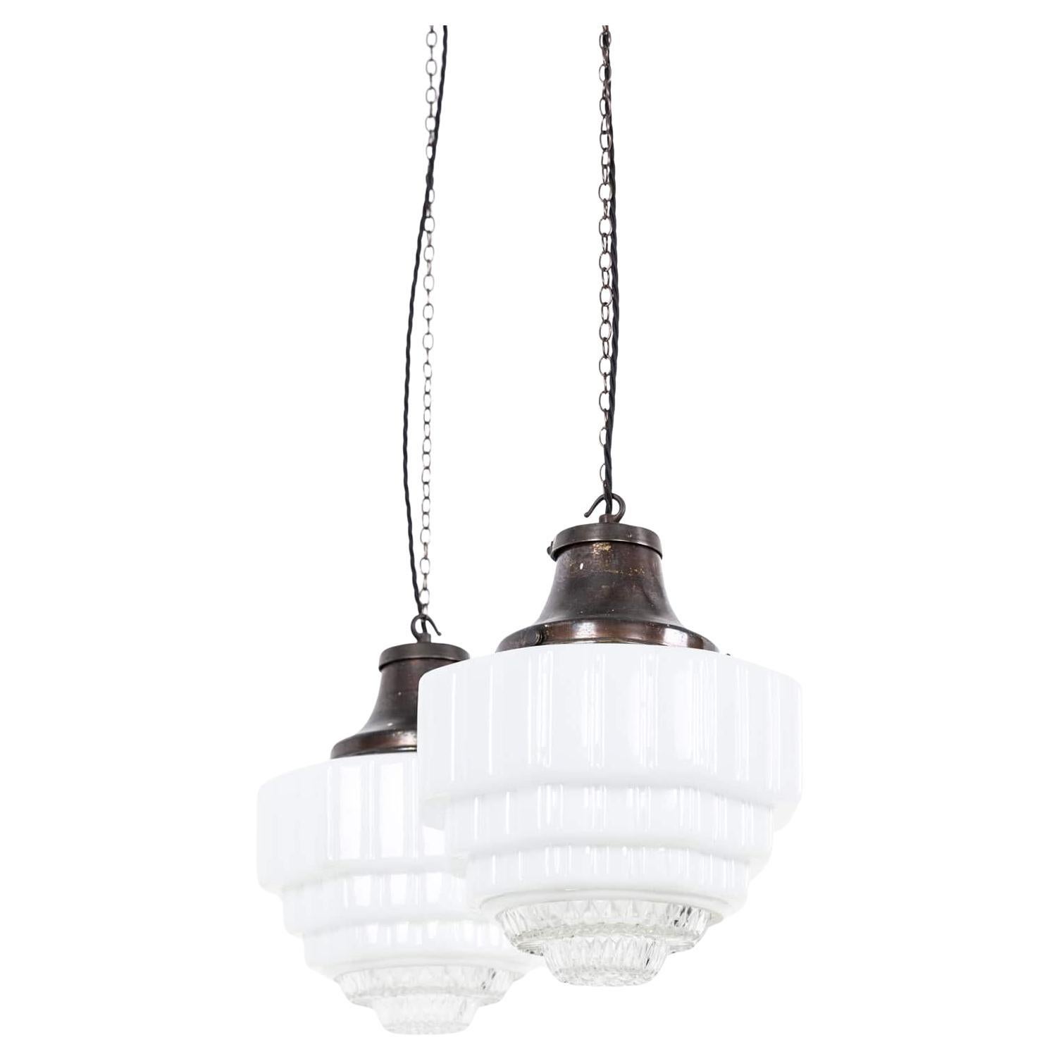 Pair of Antique Art Deco Sunco Two-Part Opaline Glass Pendant Light, C.1930
