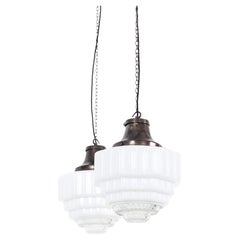 Pair of Antique Art Deco Sunco Two-Part Opaline Glass Pendant Light, C.1930