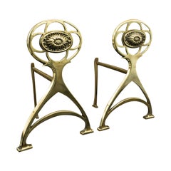 Pair Of Antique Art Nouveau Andirons, English, Brass, Decor, Fire Dog, Victorian