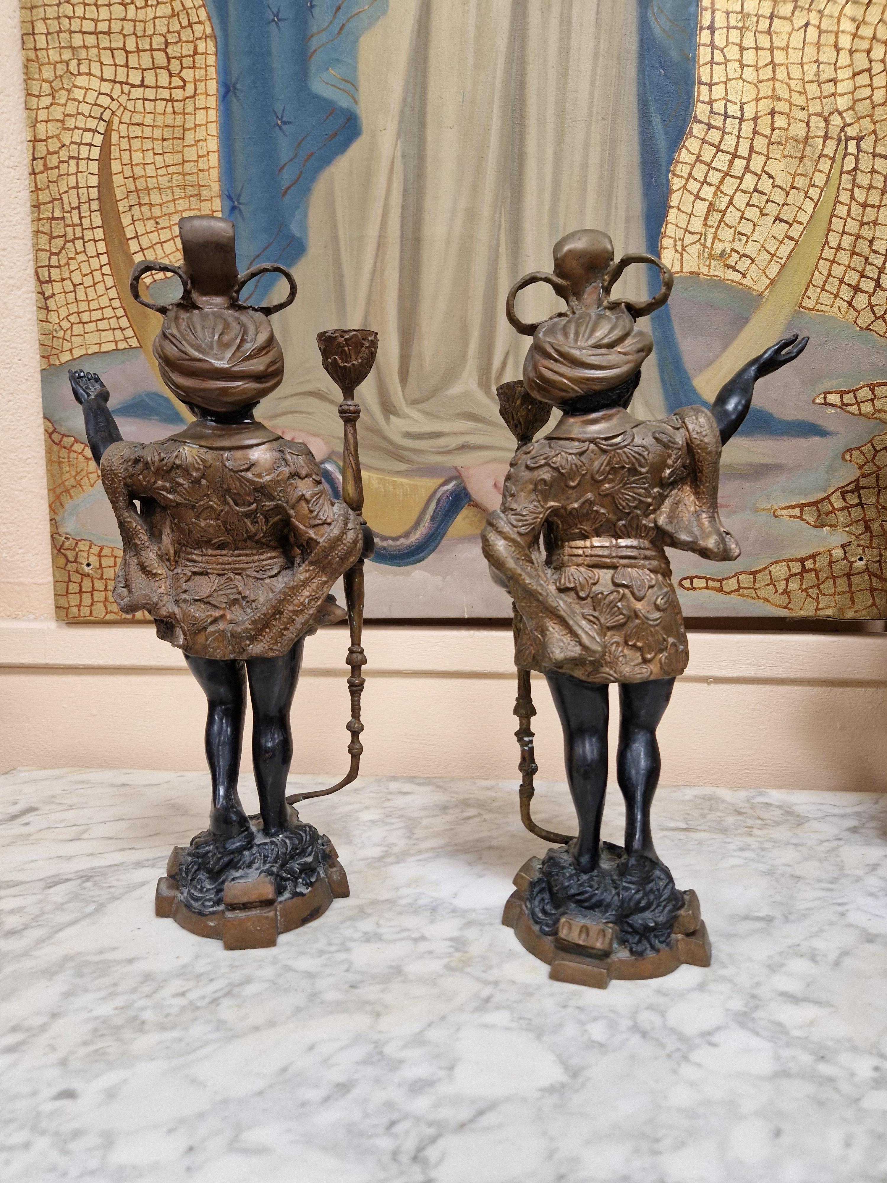 Carved Pair of Antique Art Nouveau Bronze Candlesticks For Sale