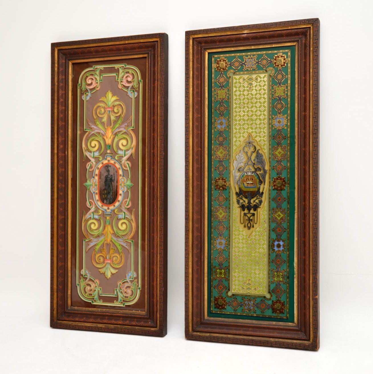 Pair of large antique Art Nouveau decorated glass panels on original frames & dating to around the 1890s period. The decoration on the glass is stunning & different on each one. They are the same size & were obviously made at the same time to