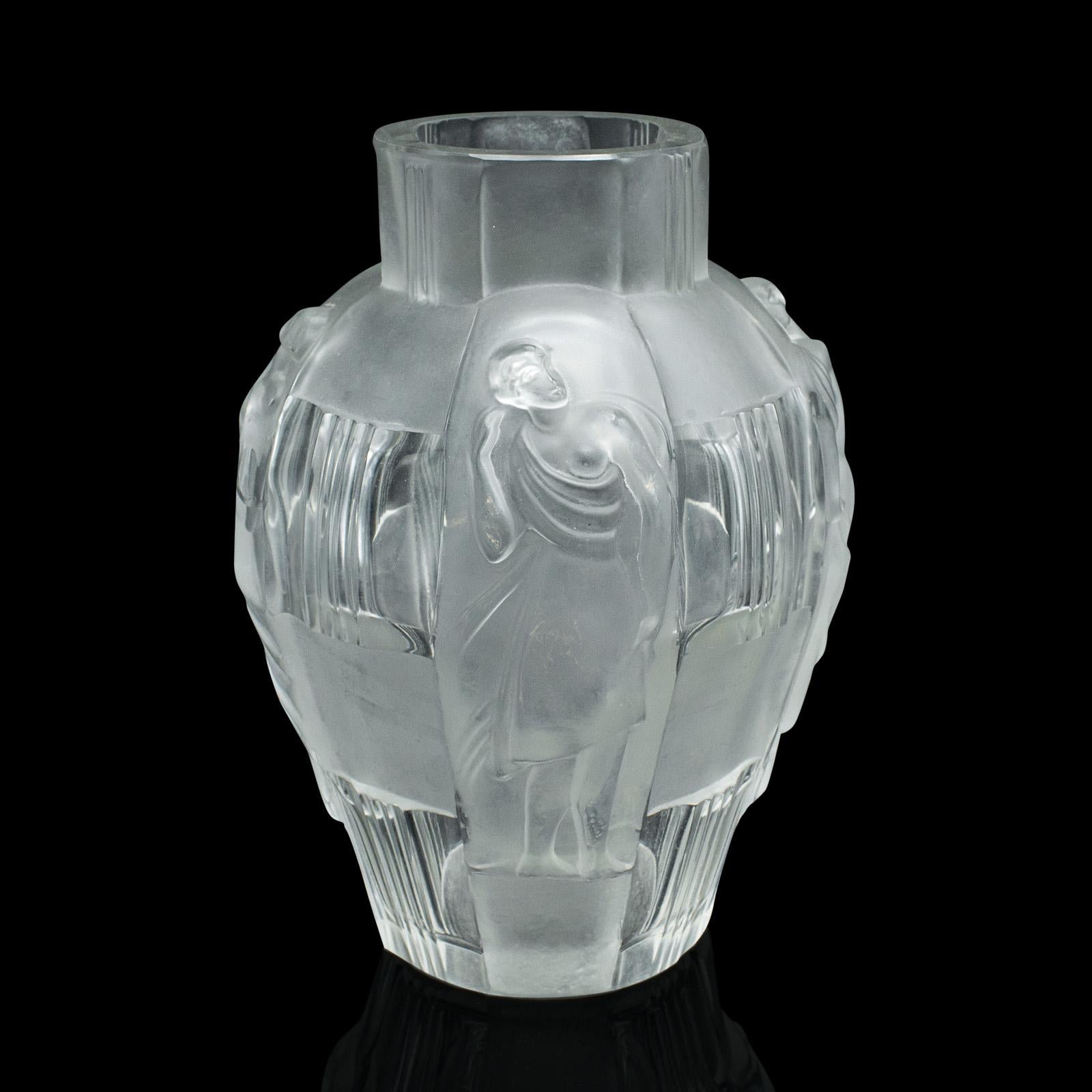 Pair Of Antique Art Nouveau Flower Vases, French, Frosted Glass, After Lalique For Sale 2