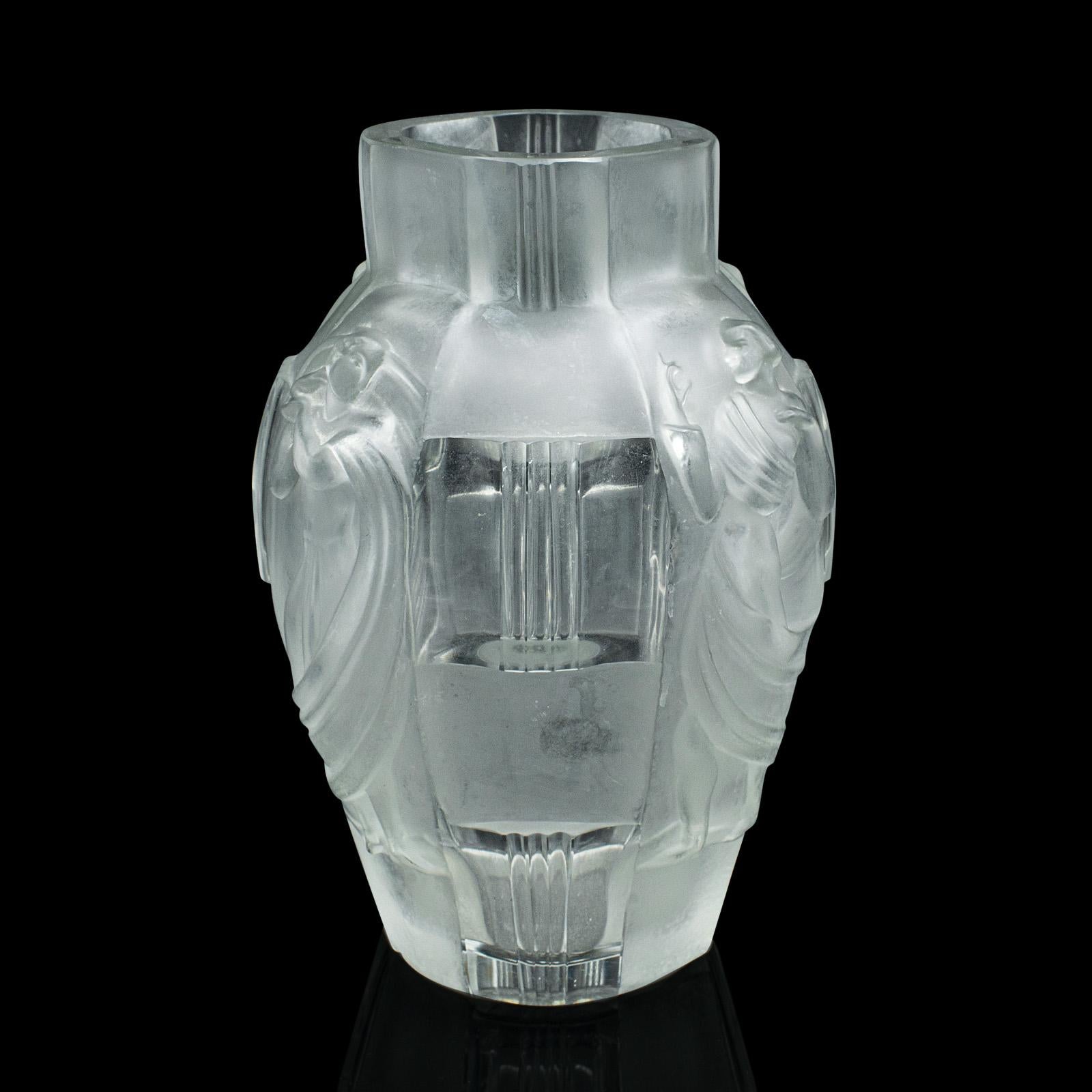 Pair Of Antique Art Nouveau Flower Vases, French, Frosted Glass, After Lalique For Sale 3