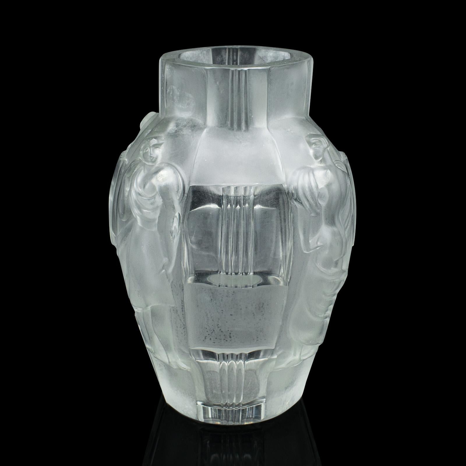 Pair Of Antique Art Nouveau Flower Vases, French, Frosted Glass, After Lalique For Sale 4