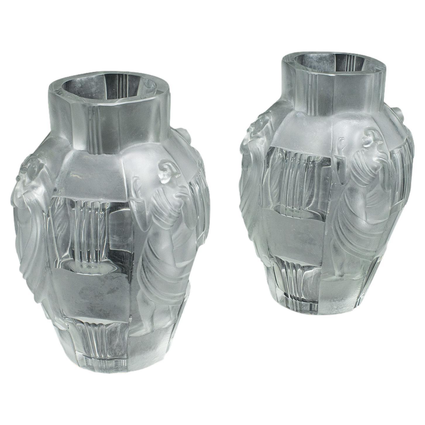 Pair Of Antique Art Nouveau Flower Vases, French, Frosted Glass, After Lalique For Sale
