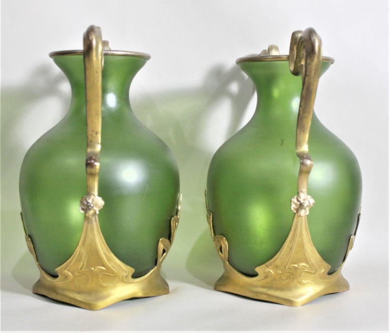 Pair of Antique Art Nouveau Green Austrian Vases with Gilt Metal Mounts