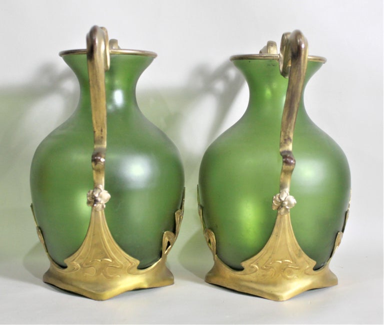 Pair of Antique Art Nouveau Green Austrian Vases with Gilt Metal Mounts