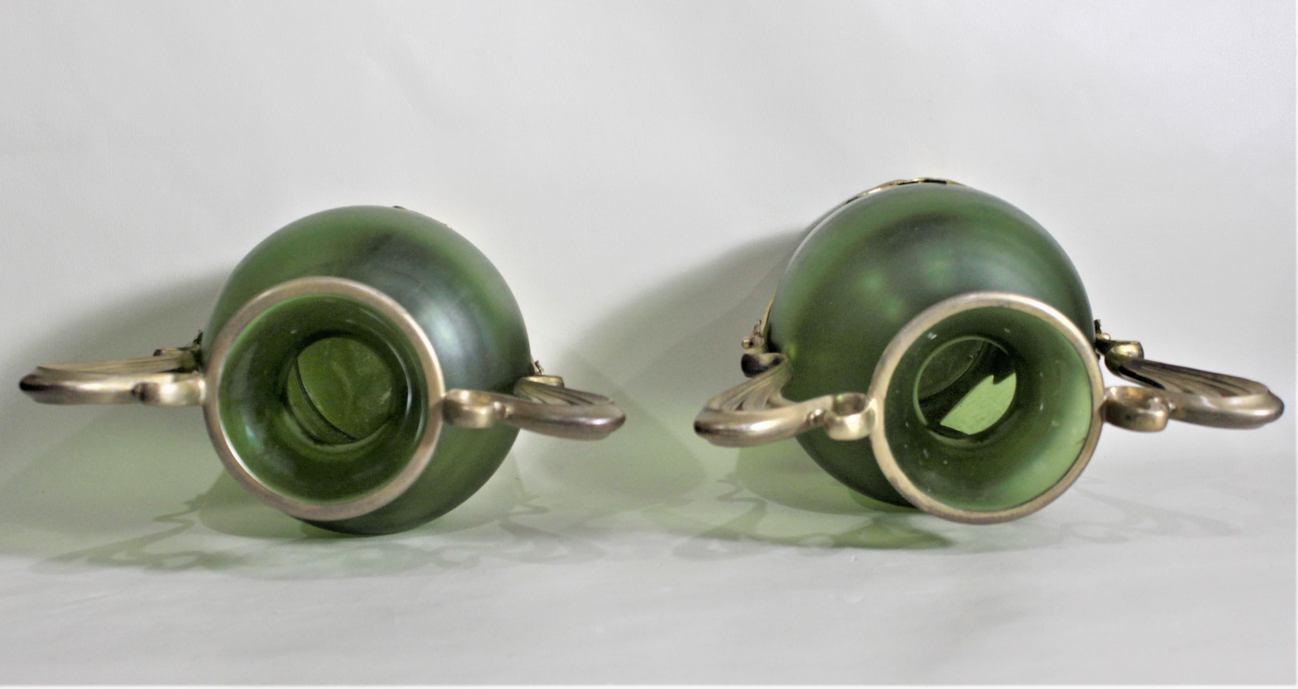 Hand-Crafted Pair of Antique Art Nouveau Green Austrian Vases with Gilt Metal Mounts For Sale