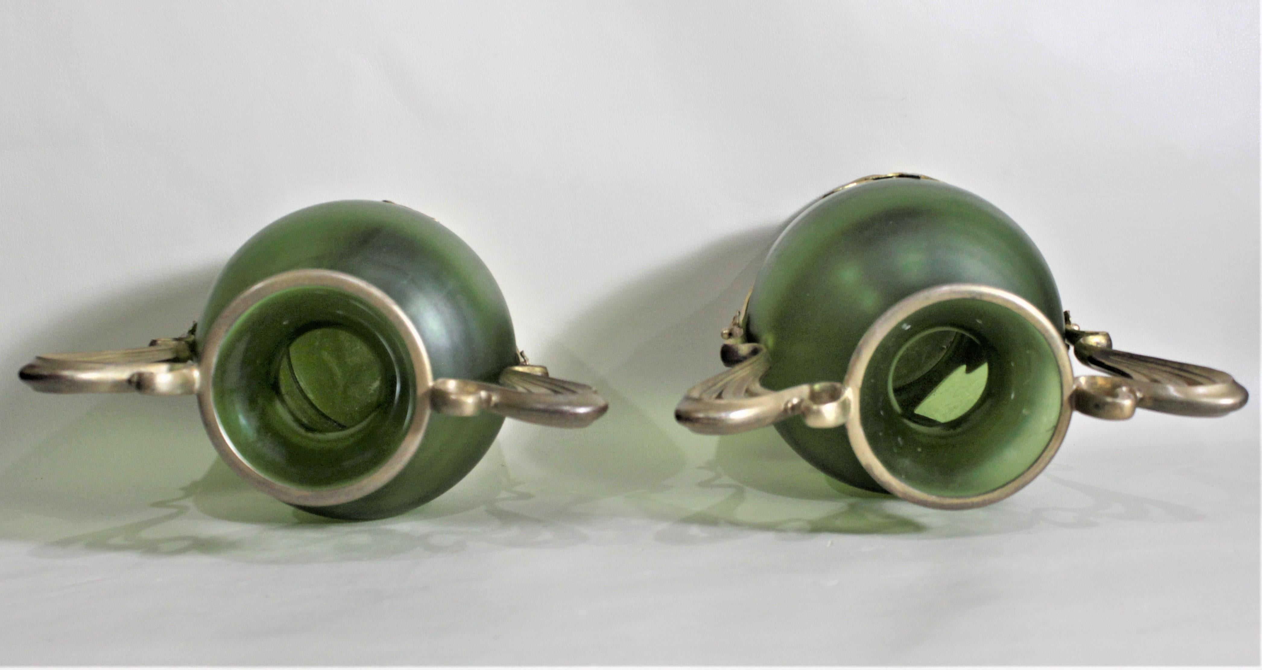 Pair of Antique Art Nouveau Green Austrian Vases with Gilt Metal Mounts In Good Condition For Sale In Hamilton, Ontario