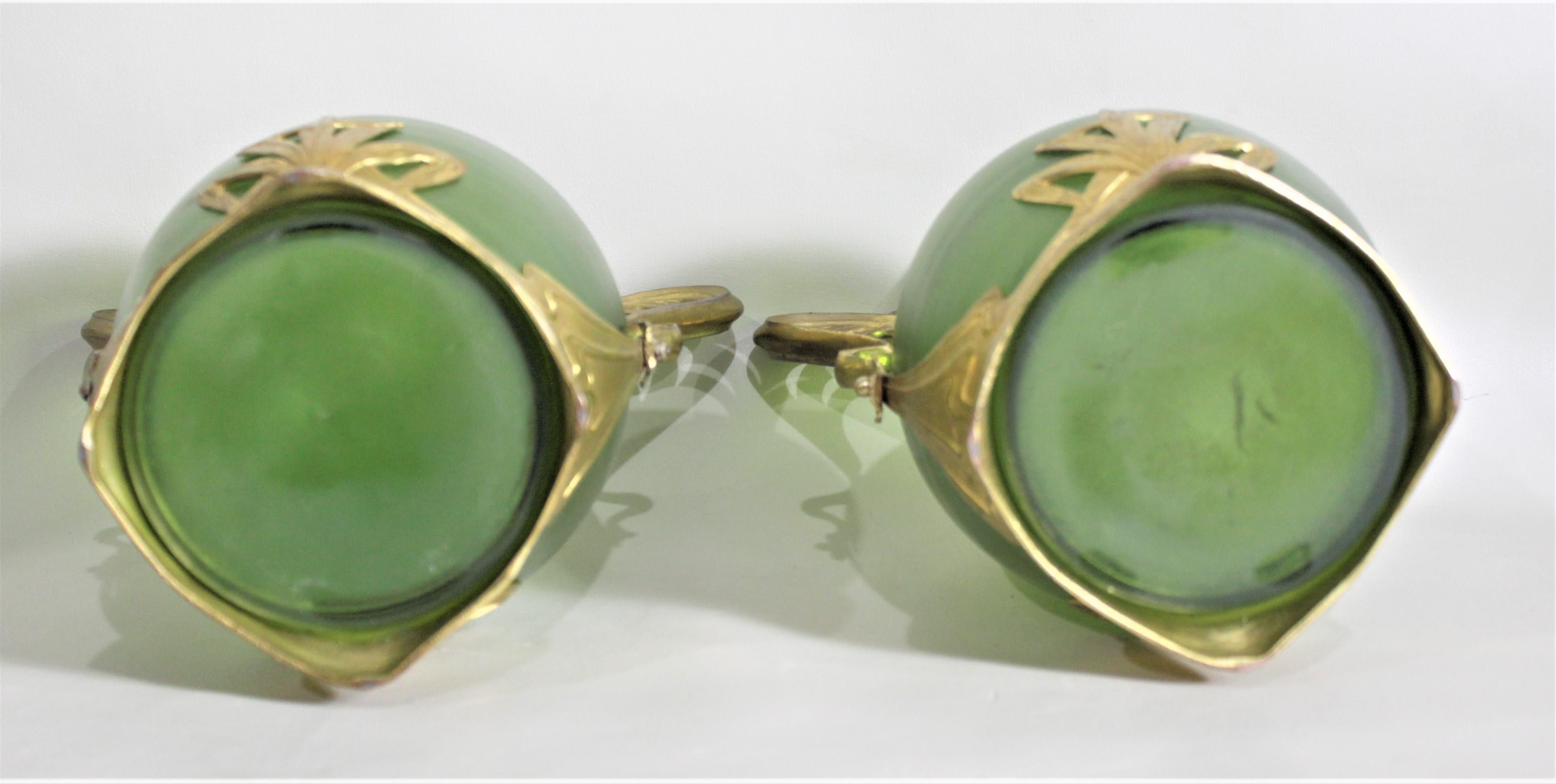 20th Century Pair of Antique Art Nouveau Green Austrian Vases with Gilt Metal Mounts For Sale