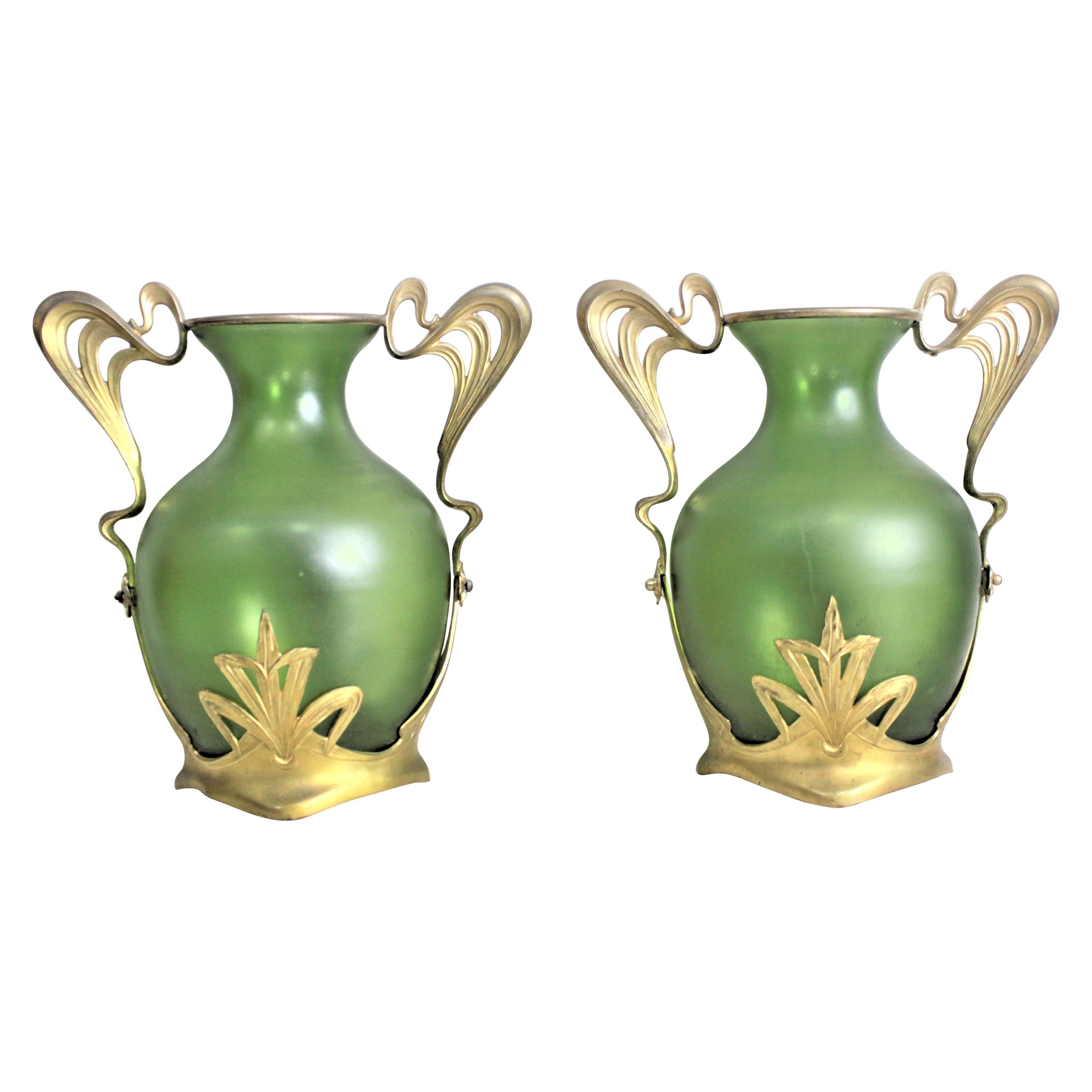Pair of Antique Art Nouveau Green Austrian Vases with Gilt Metal Mounts