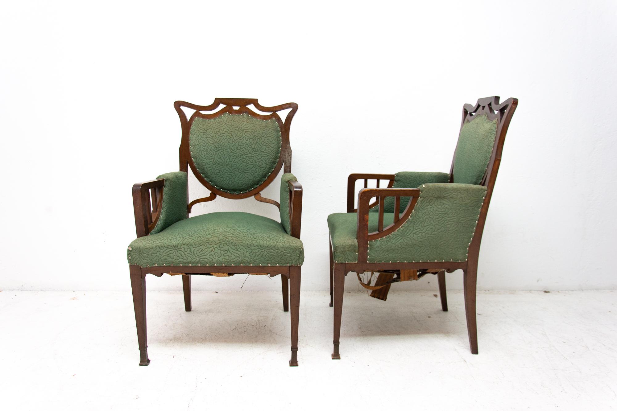 Pair of Antique Art Nouveau Oak Armchairs, 1910 1