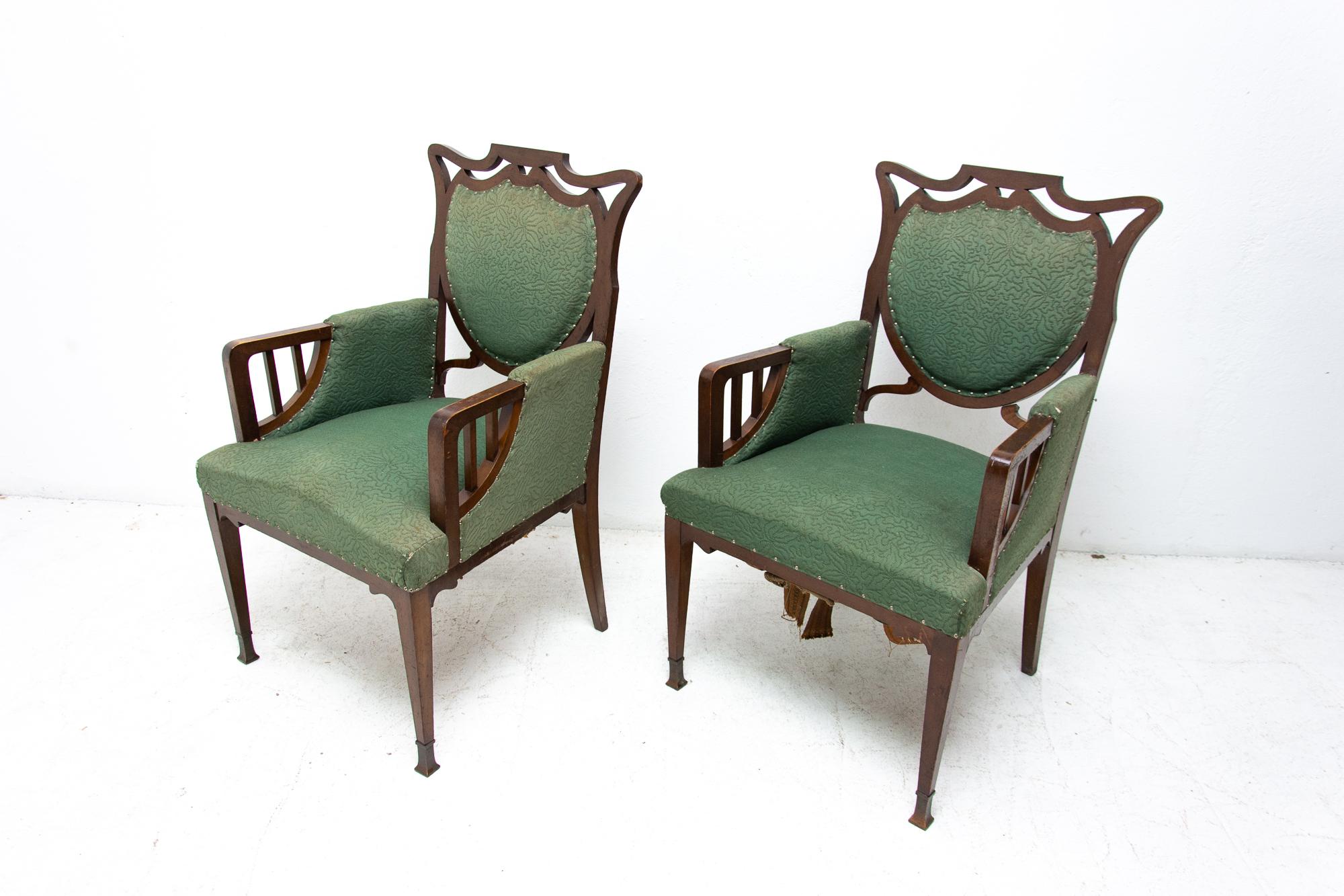Pair of Antique Art Nouveau Oak Armchairs, 1910 4