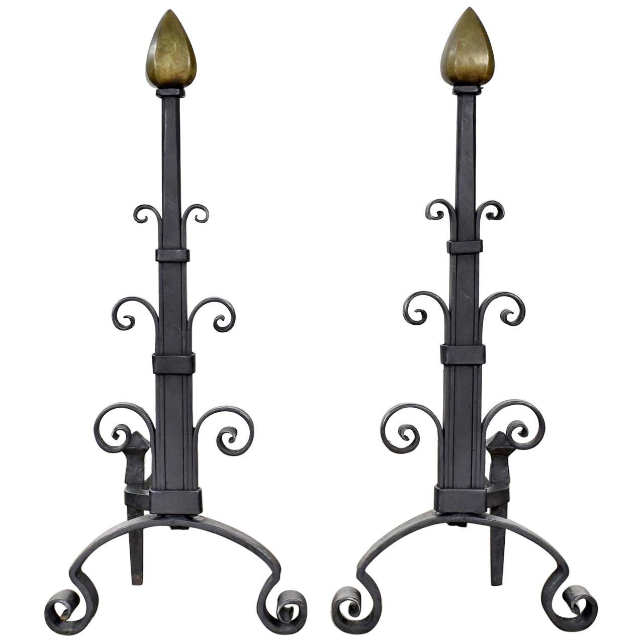 Pair of Antique Arts & Crafts Art Deco Hand Wrought Iron and Bronze Andirons