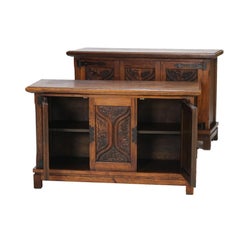 Pair of Antique Arts & Crafts Carved Oak Console Cabinets C1920
