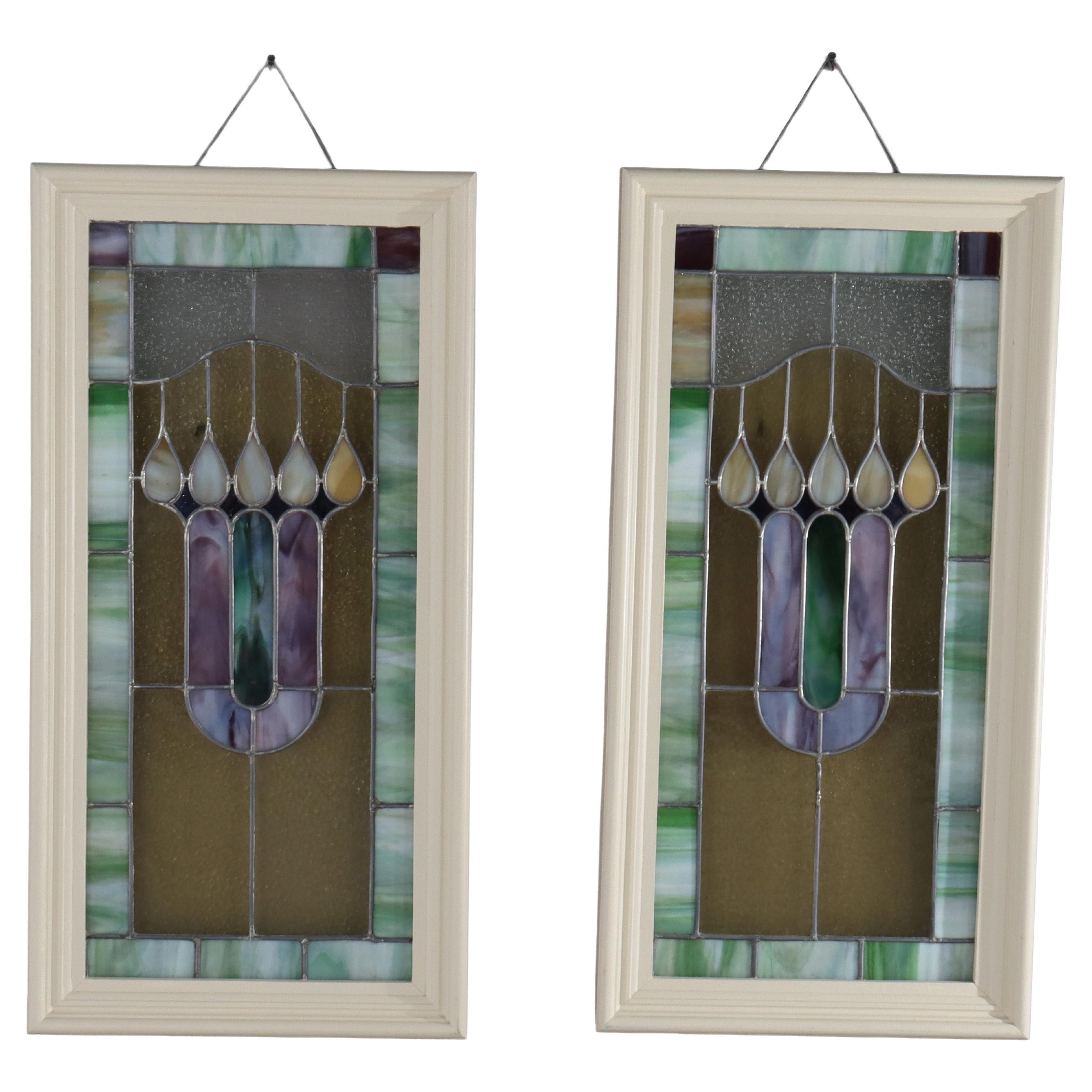 Pair of Antique Arts & Crafts Stained Glass Windows C1920 For Sale
