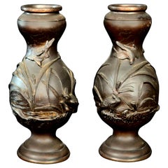 Pair of Antique Asian Cast Bronze Figural Vases with High Relief Marsh Scene