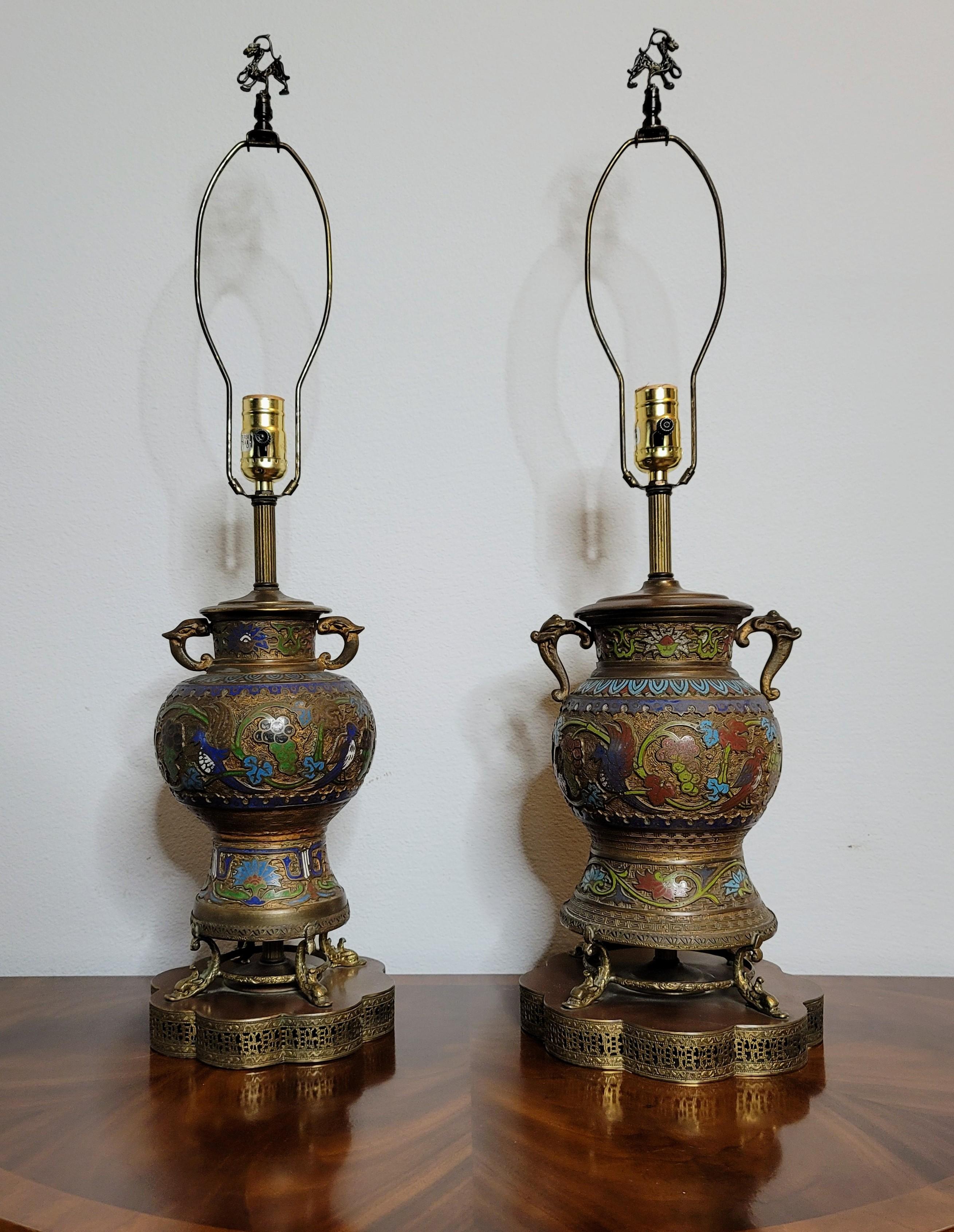 Pair of Antique Asian Champleve’ Enameled Bronze Urns Fashioned As Table Lamps For Sale 2