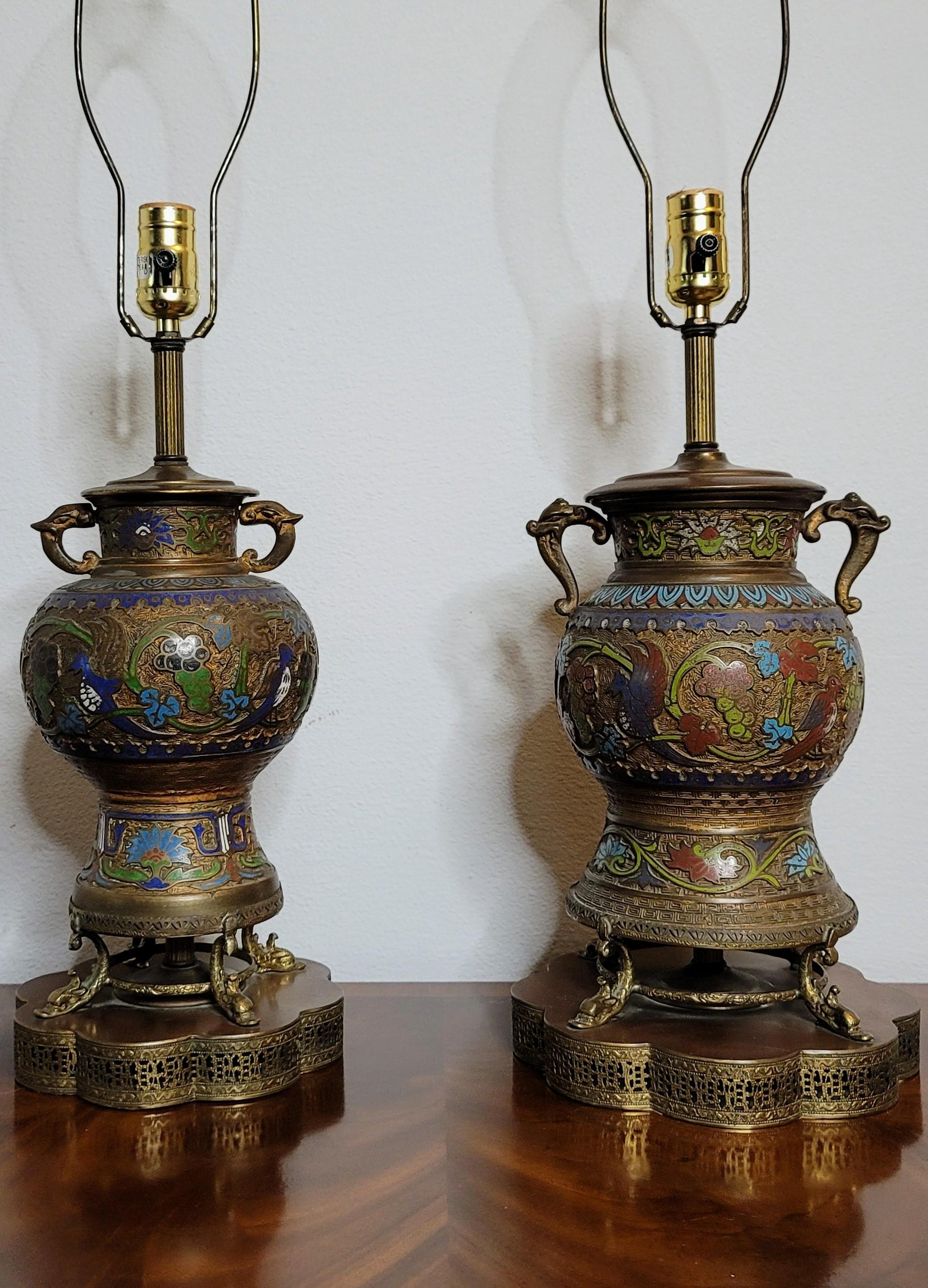 Pair of Antique Asian Champleve’ Enameled Bronze Urns Fashioned As Table Lamps For Sale 3