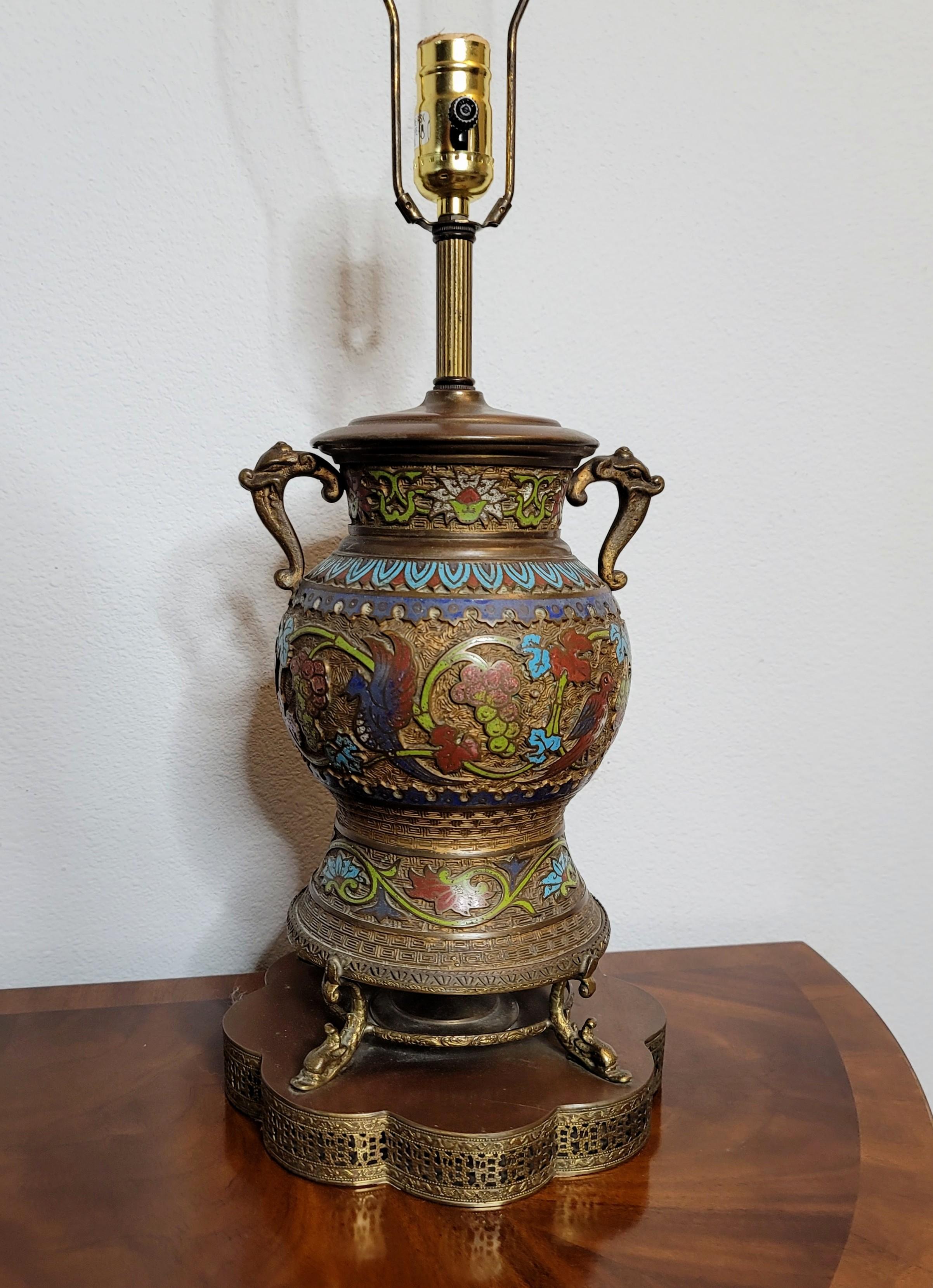Pair of Antique Asian Champleve’ Enameled Bronze Urns Fashioned As Table Lamps For Sale 4
