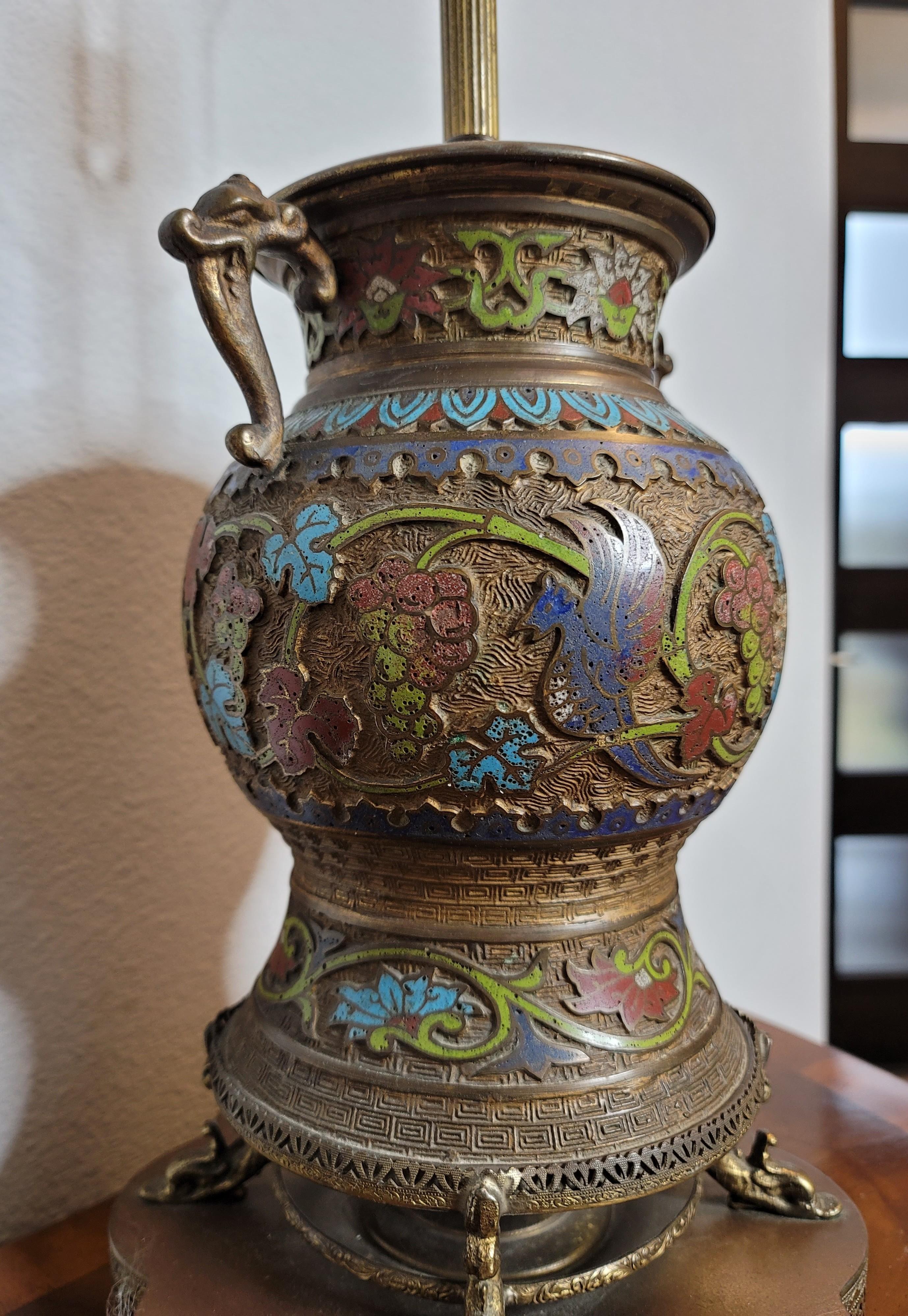 Pair of Antique Asian Champleve’ Enameled Bronze Urns Fashioned As Table Lamps For Sale 6