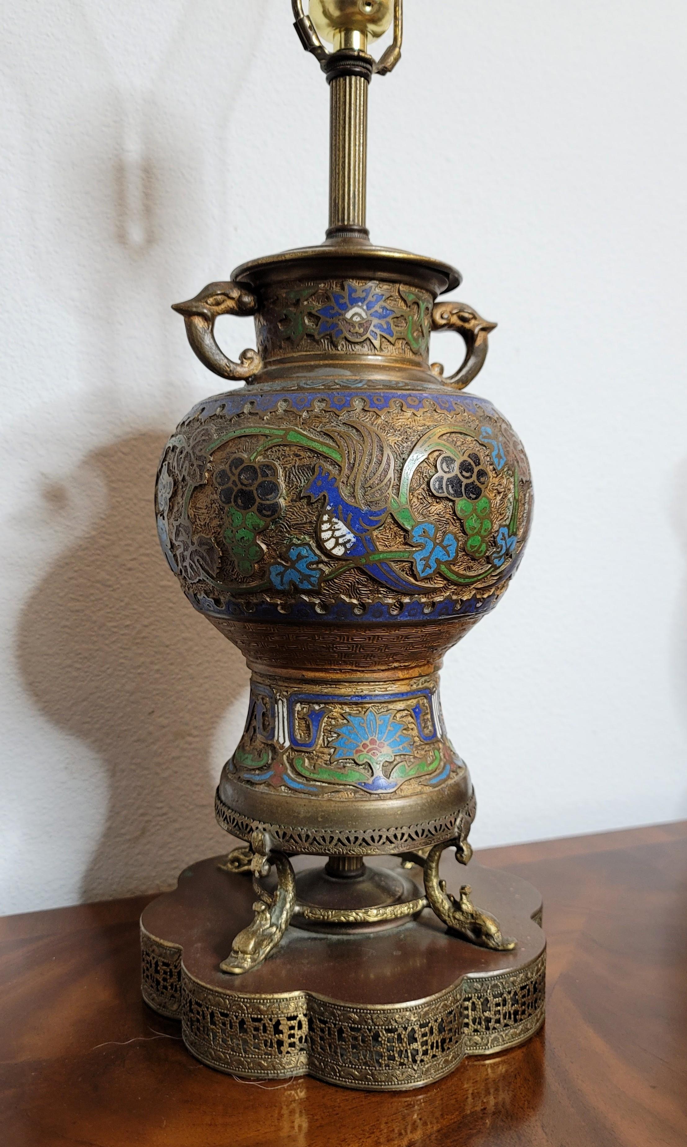 Pair of Antique Asian Champleve’ Enameled Bronze Urns Fashioned As Table Lamps For Sale 7