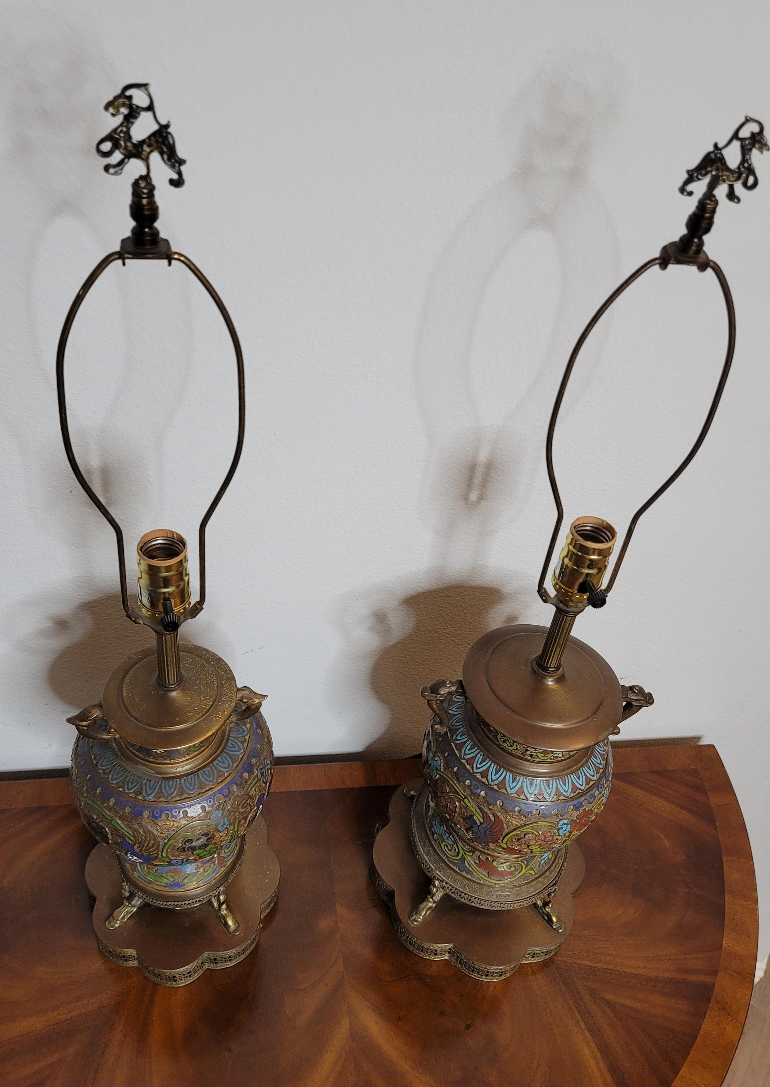 Pair of Antique Asian Champleve’ Enameled Bronze Urns Fashioned As Table Lamps For Sale 9