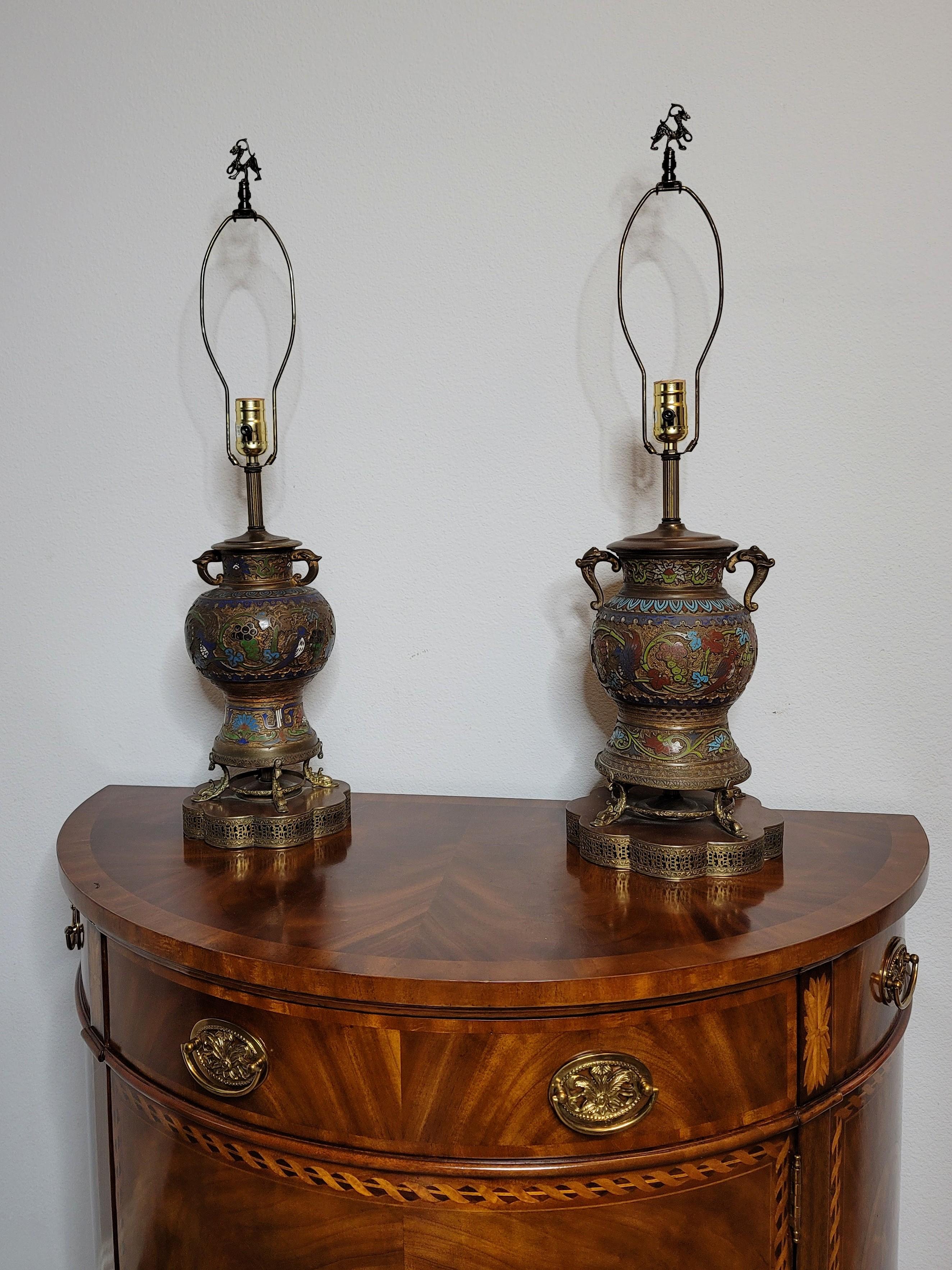 Pair of Antique Asian Champleve’ Enameled Bronze Urns Fashioned As Table Lamps For Sale 11