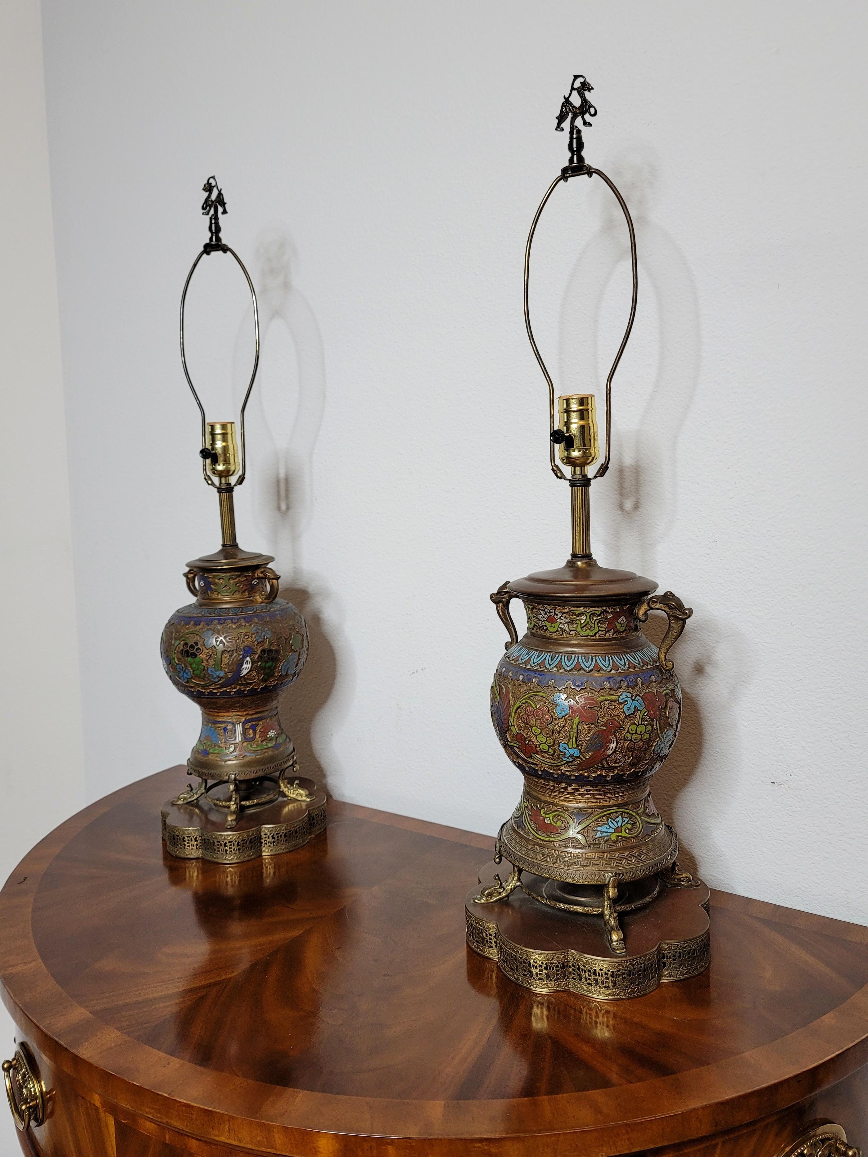 Pair of Antique Asian Champleve’ Enameled Bronze Urns Fashioned As Table Lamps For Sale 12