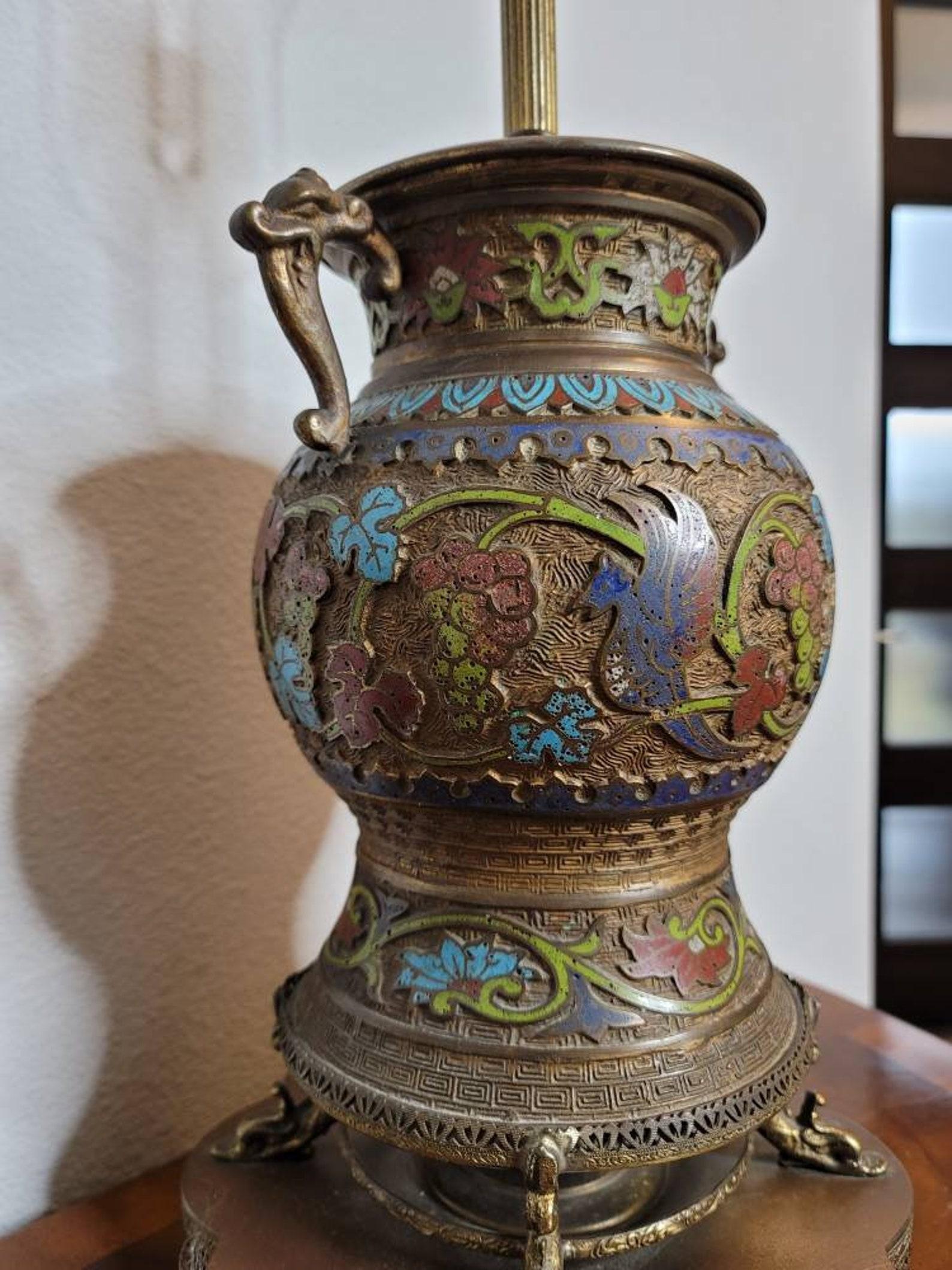 Meiji Pair of Antique Asian Champleve’ Enameled Bronze Urns Fashioned As Table Lamps For Sale