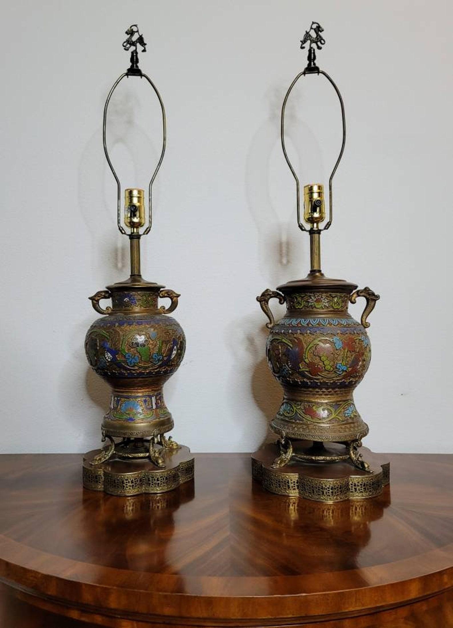 Japanese Pair of Antique Asian Champleve’ Enameled Bronze Urns Fashioned As Table Lamps For Sale
