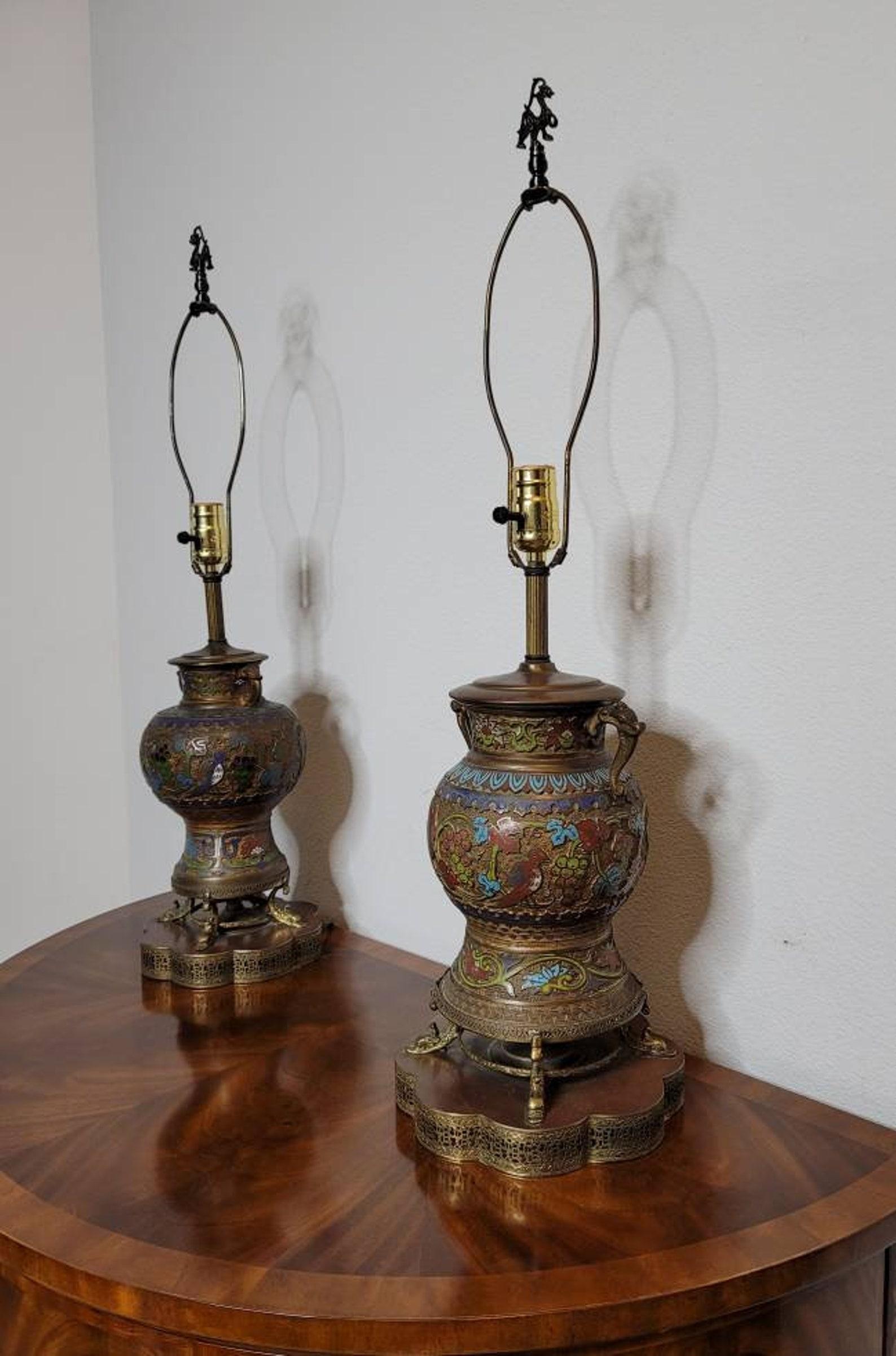 Polychromed Pair of Antique Asian Champleve’ Enameled Bronze Urns Fashioned As Table Lamps For Sale
