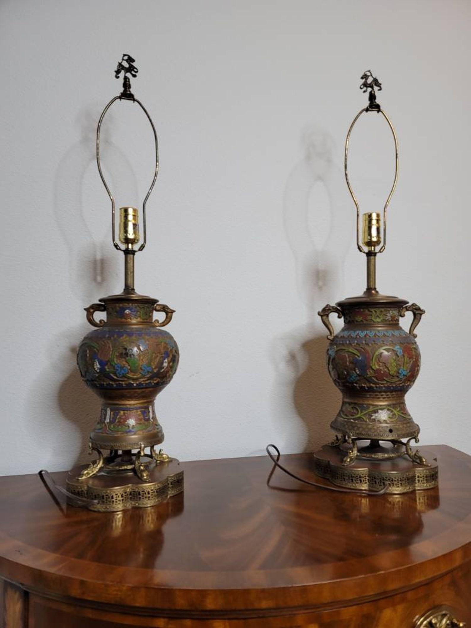 Pair of Antique Asian Champleve’ Enameled Bronze Urns Fashioned As Table Lamps In Good Condition For Sale In Forney, TX