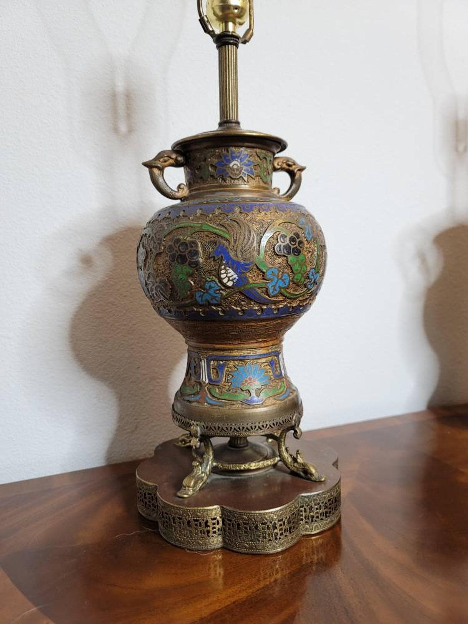 19th Century Pair of Antique Asian Champleve’ Enameled Bronze Urns Fashioned As Table Lamps For Sale