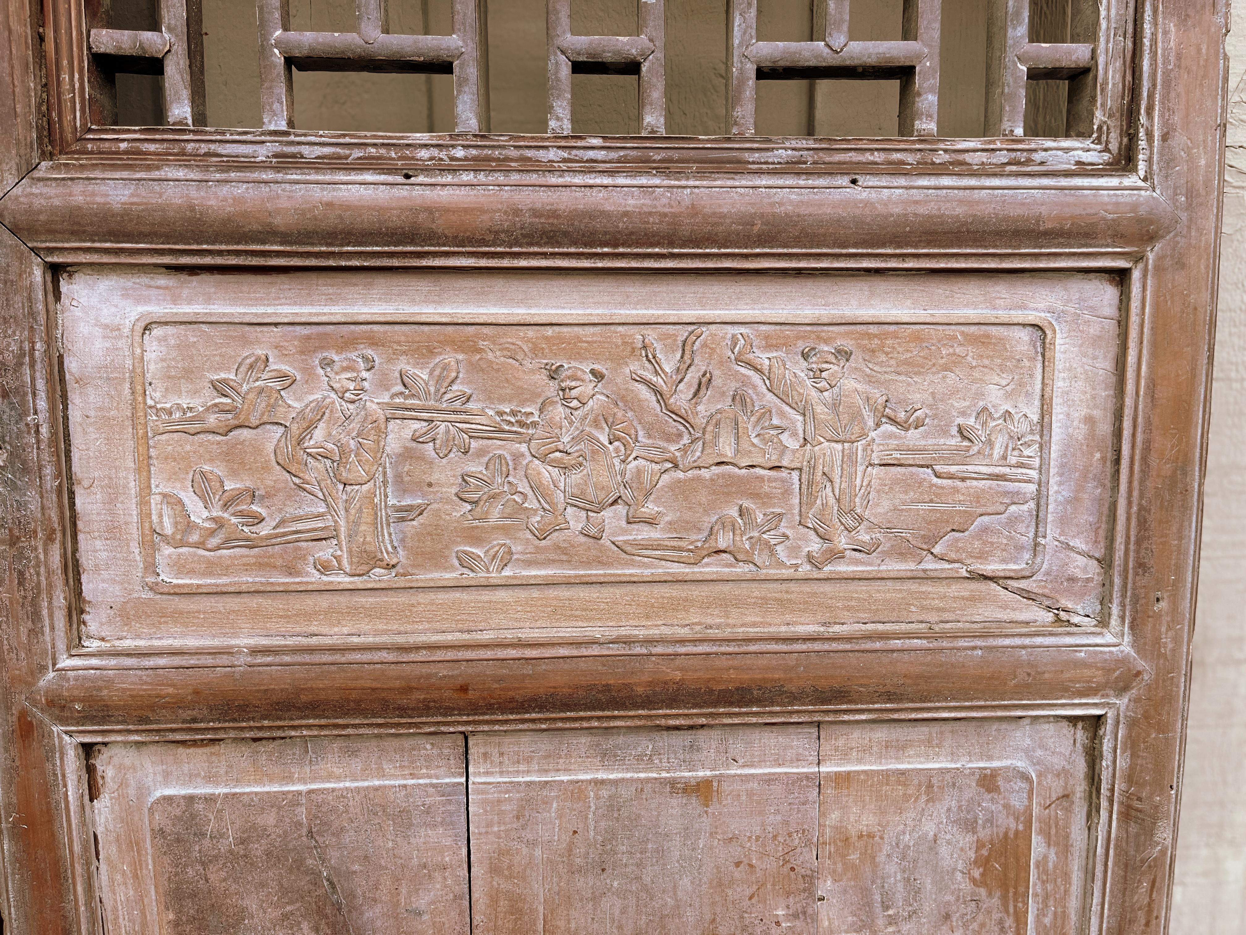 Pair of Antique Asian Door Panels with Relief Carvings For Sale 3