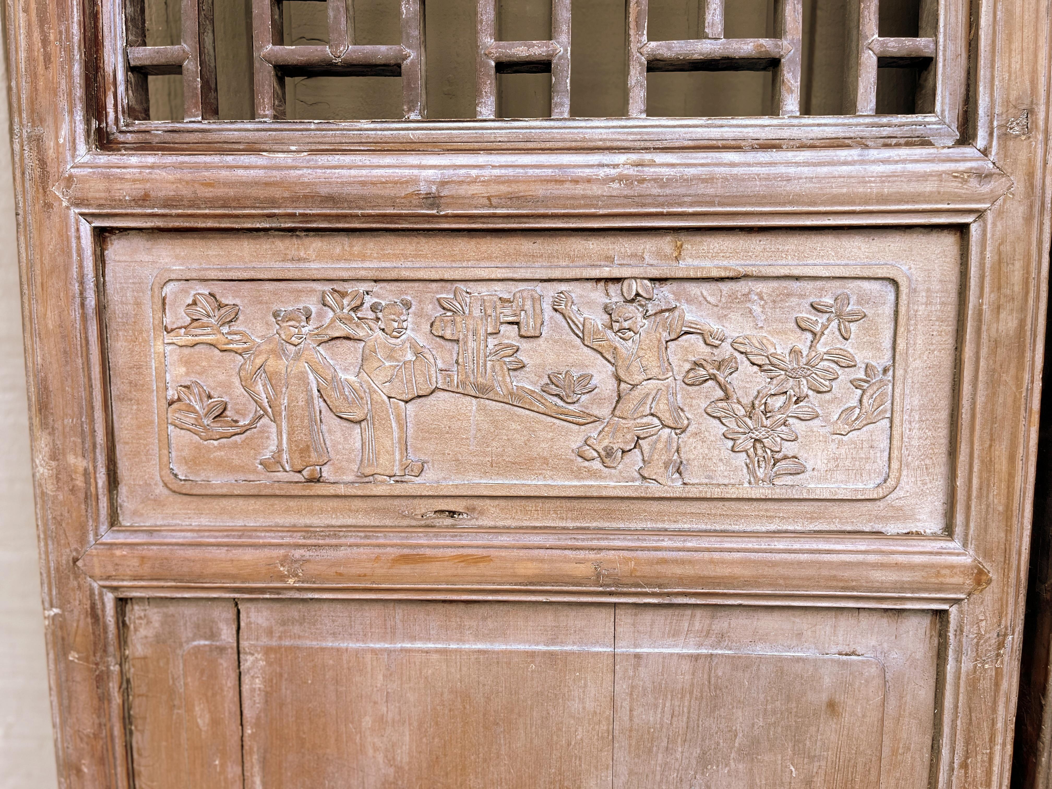 Pair of Antique Asian Door Panels with Relief Carvings For Sale 4