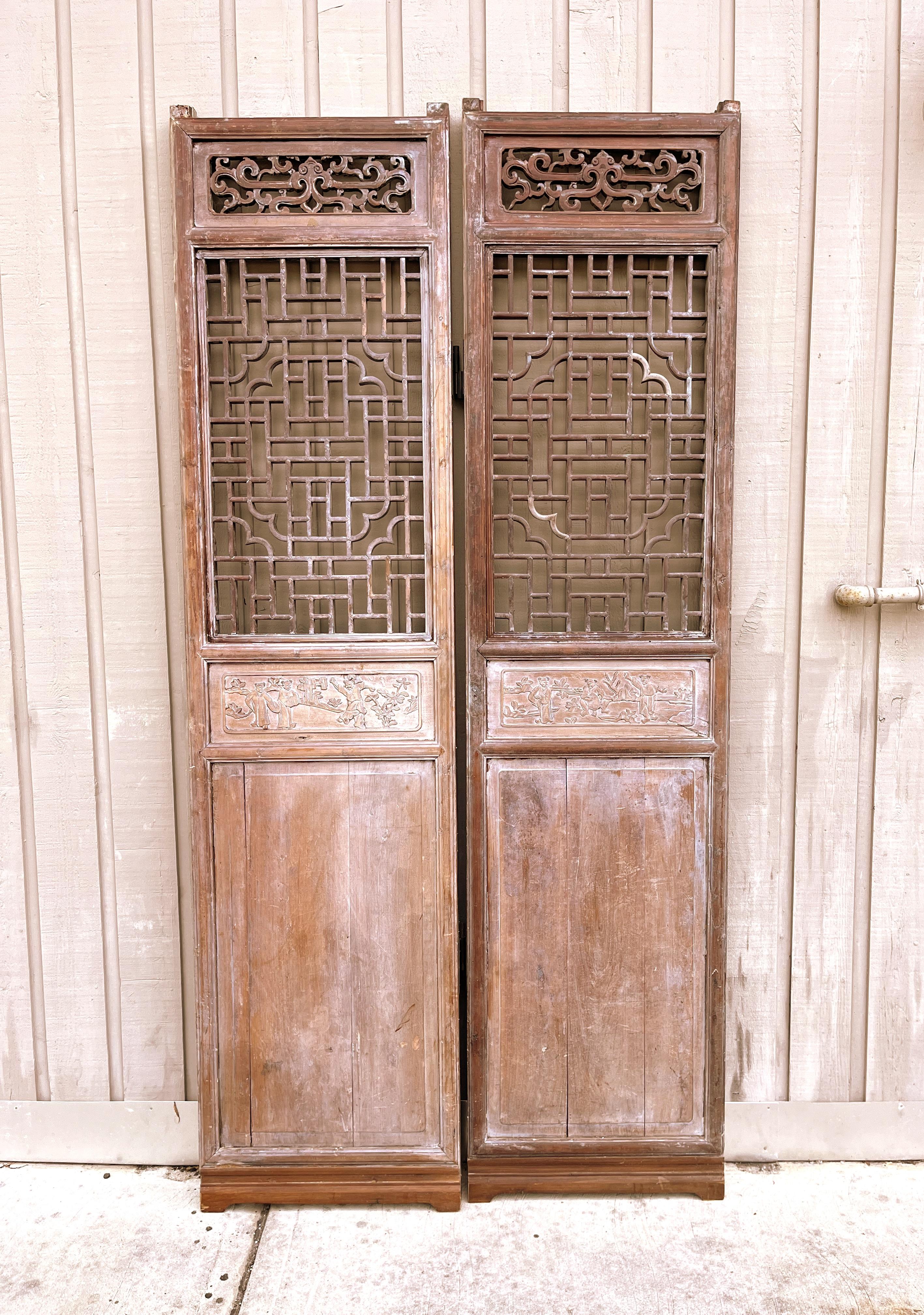 Pair of Antique Asian Door Panels with Geometric design and Relief Carvings 