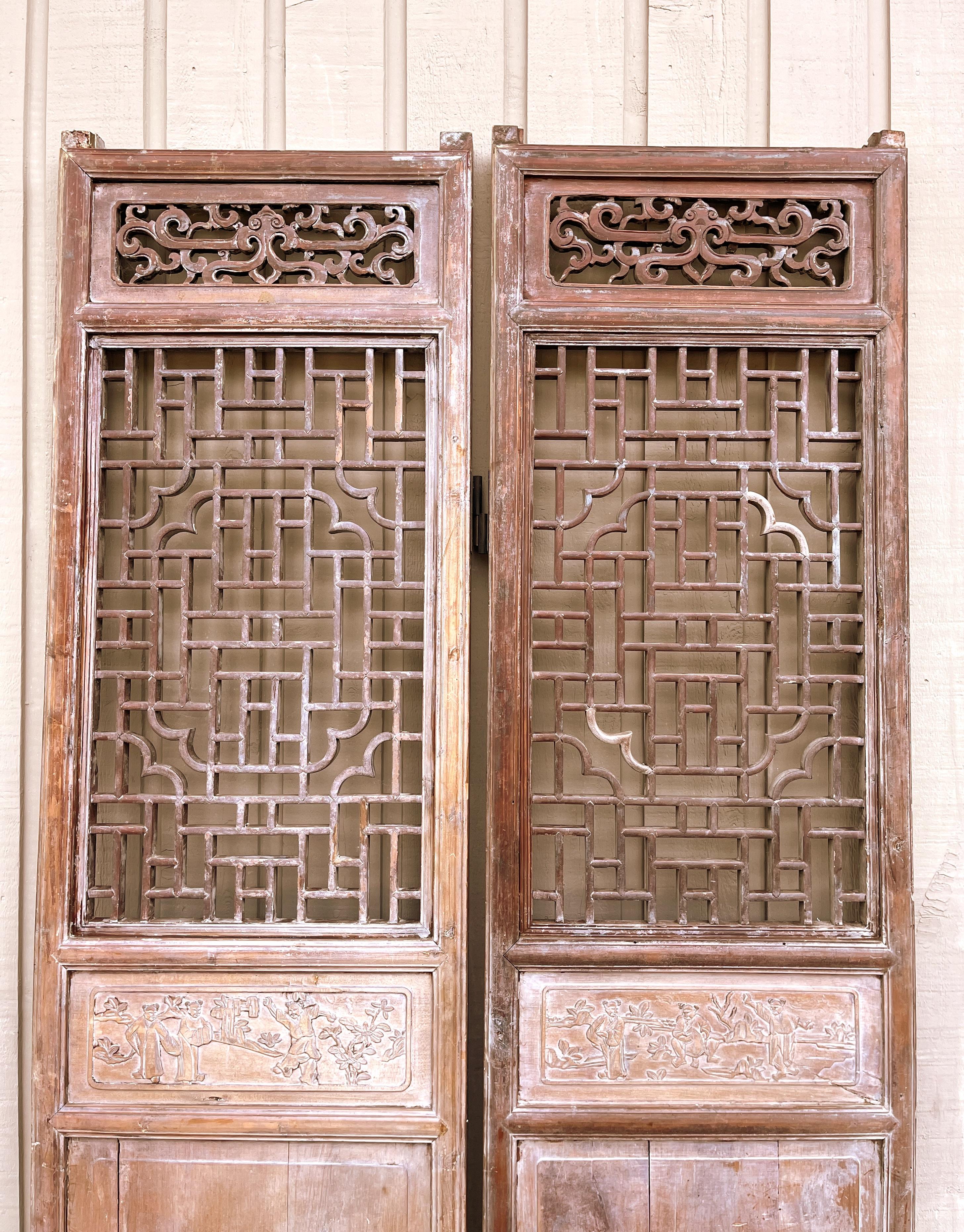 Qing Pair of Antique Asian Door Panels with Relief Carvings For Sale