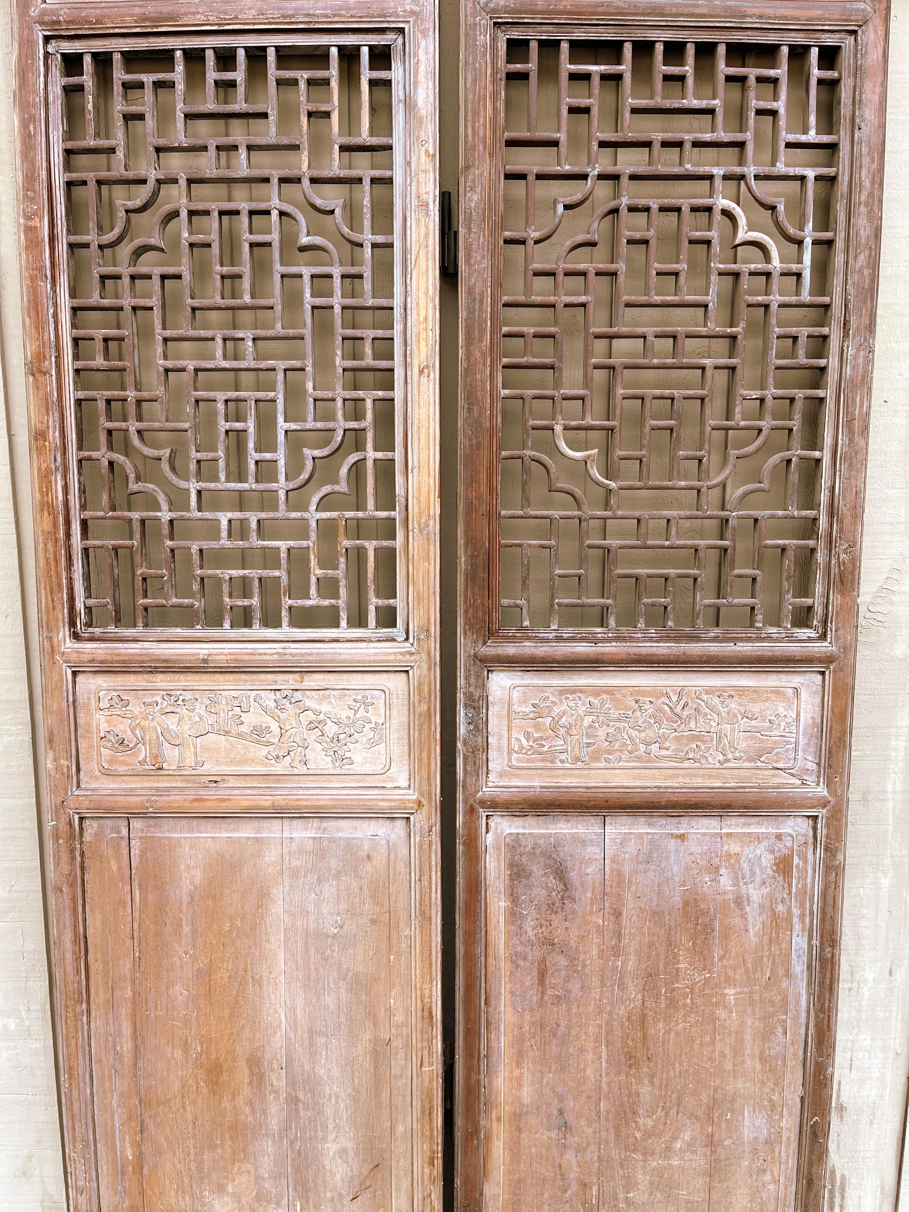 Chinese Pair of Antique Asian Door Panels with Relief Carvings For Sale