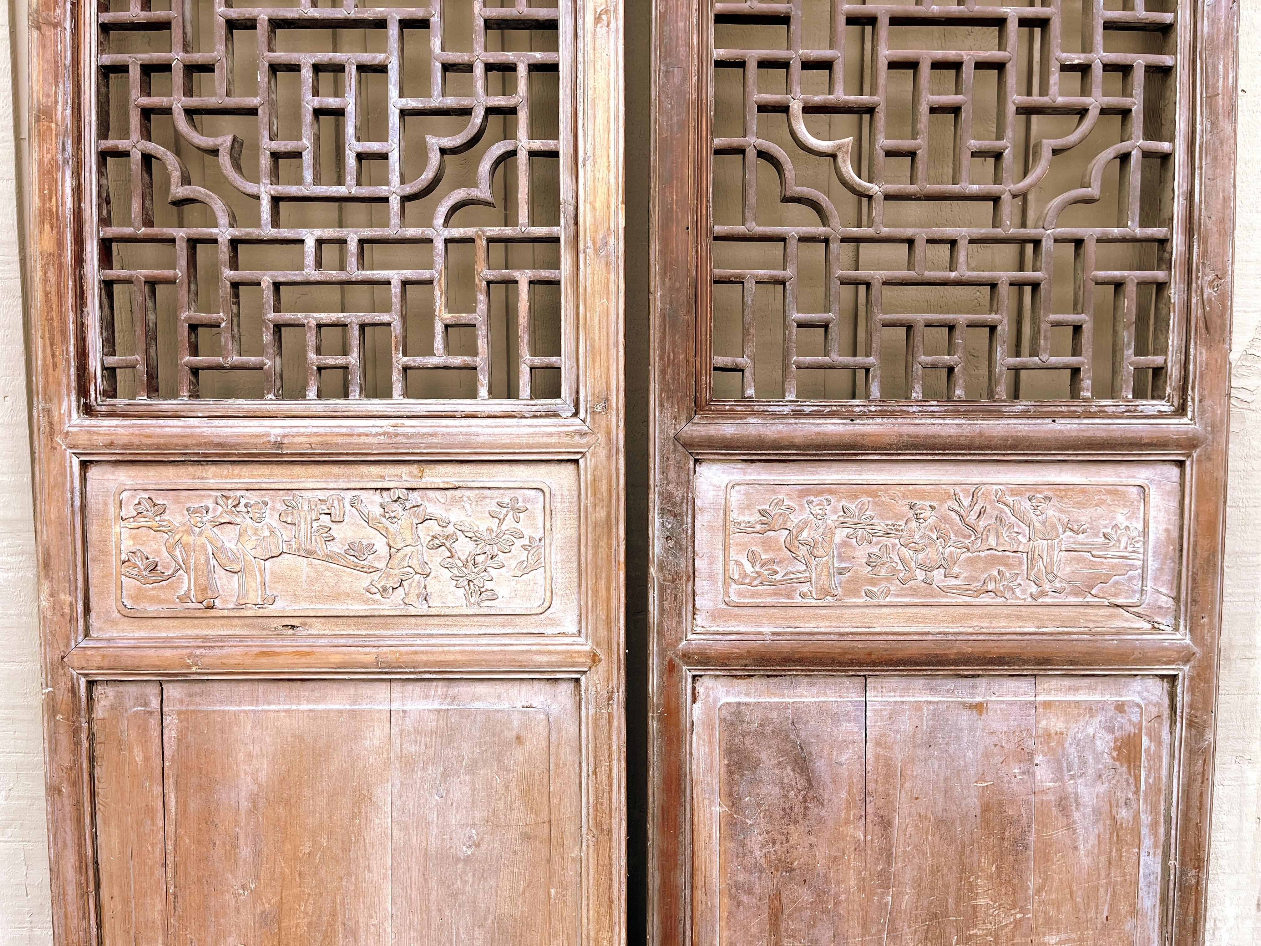 Carved Pair of Antique Asian Door Panels with Relief Carvings For Sale