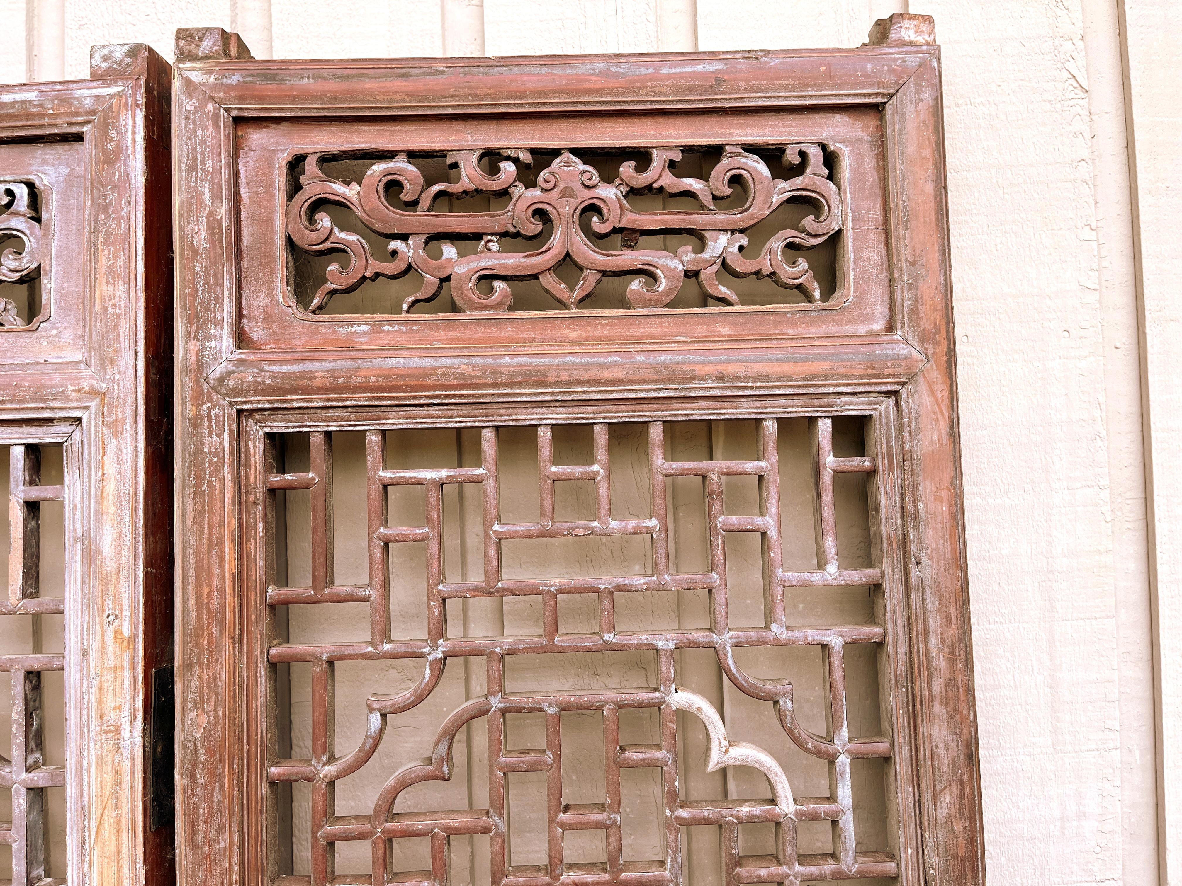 19th Century Pair of Antique Asian Door Panels with Relief Carvings For Sale