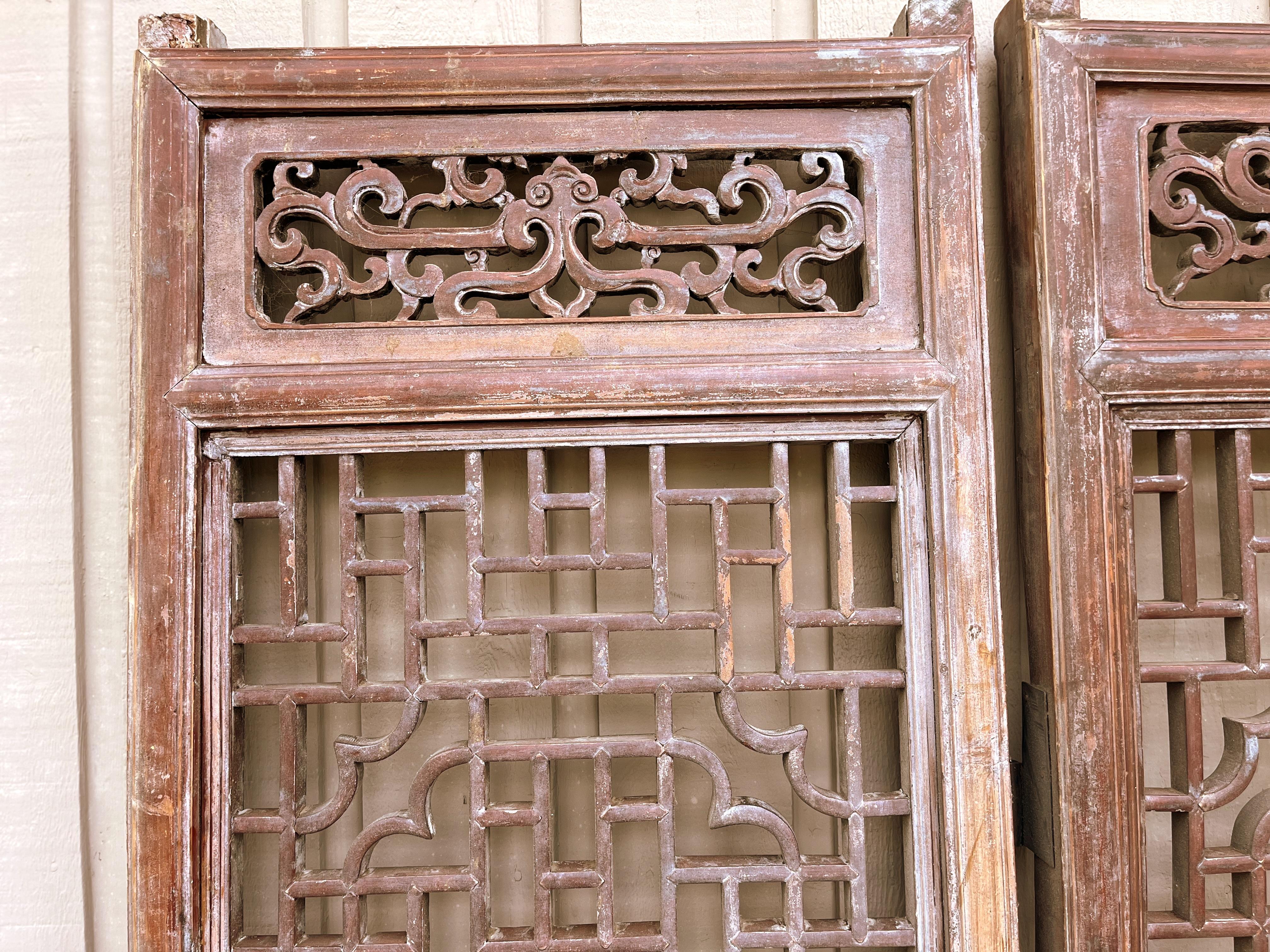 Wood Pair of Antique Asian Door Panels with Relief Carvings For Sale